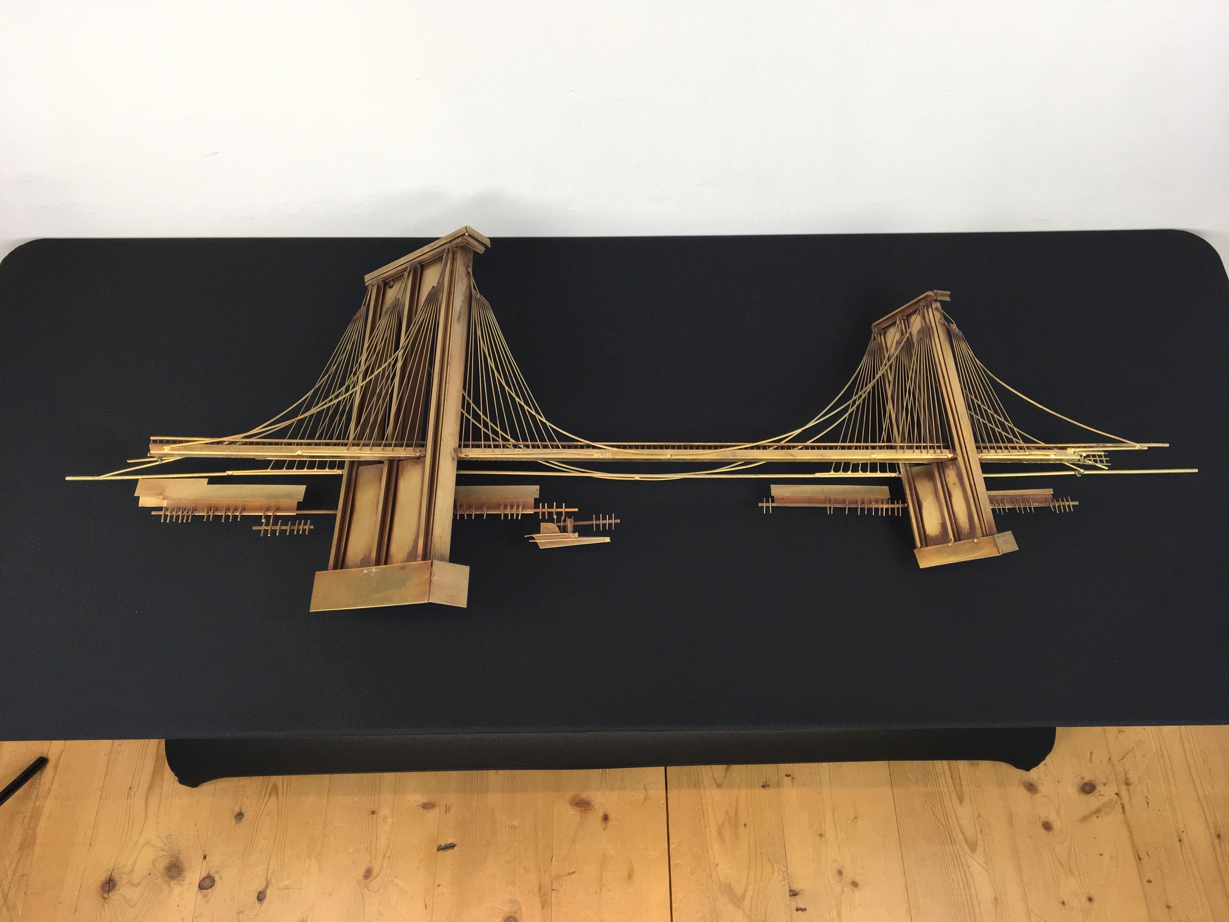 1976 Curtis Jere Brooklyn Bridge Brass Wall Sculpture 1