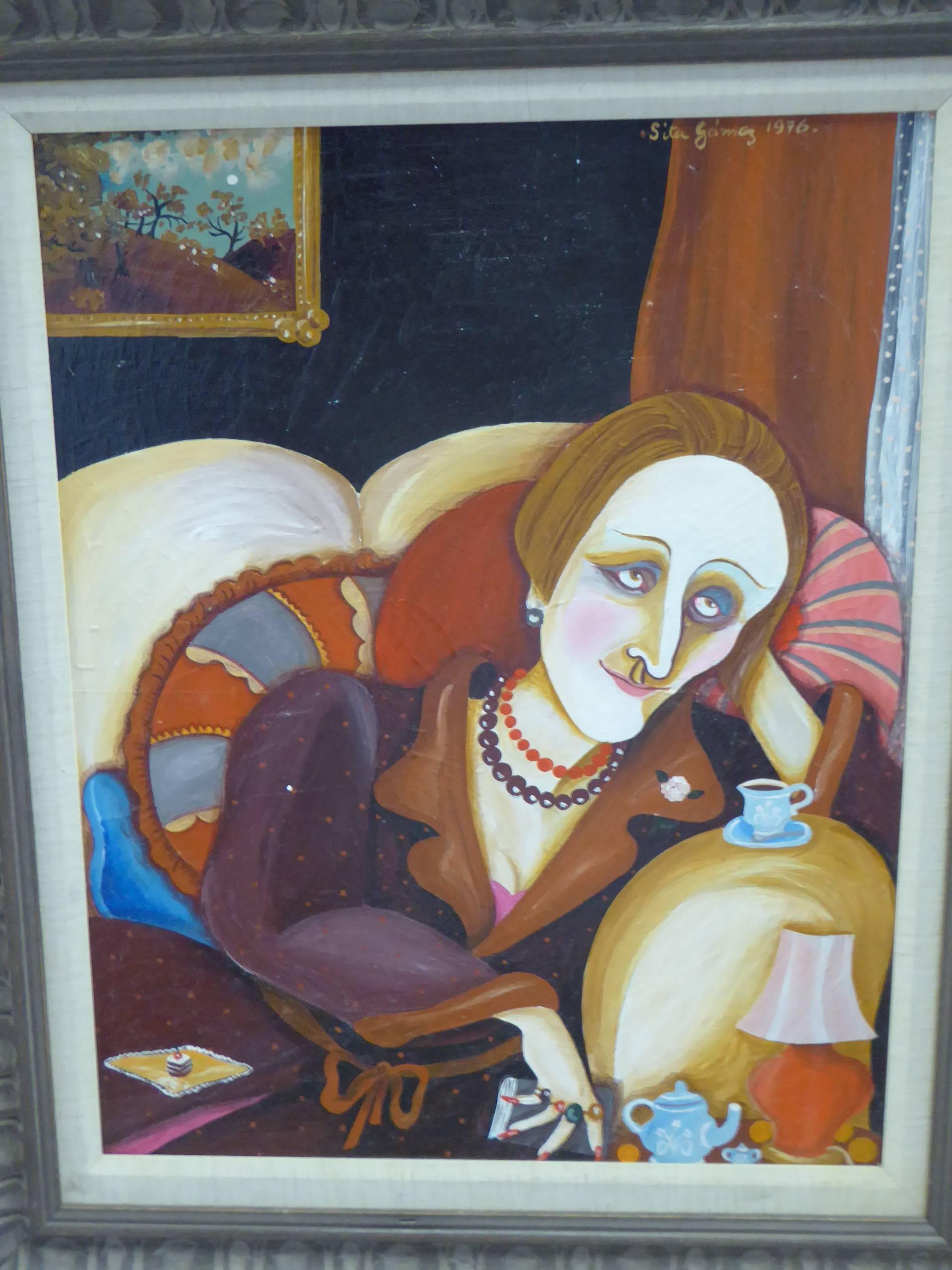 A Cuban, born in Paris in 1932, Sita Gomez de Kanelba is a renowned artist, noted for her paintings mostly of women. Here an oil on board portrait of Dame Edith Sitwell, herself a famed figure of the early 20th century in the arts and literature, a