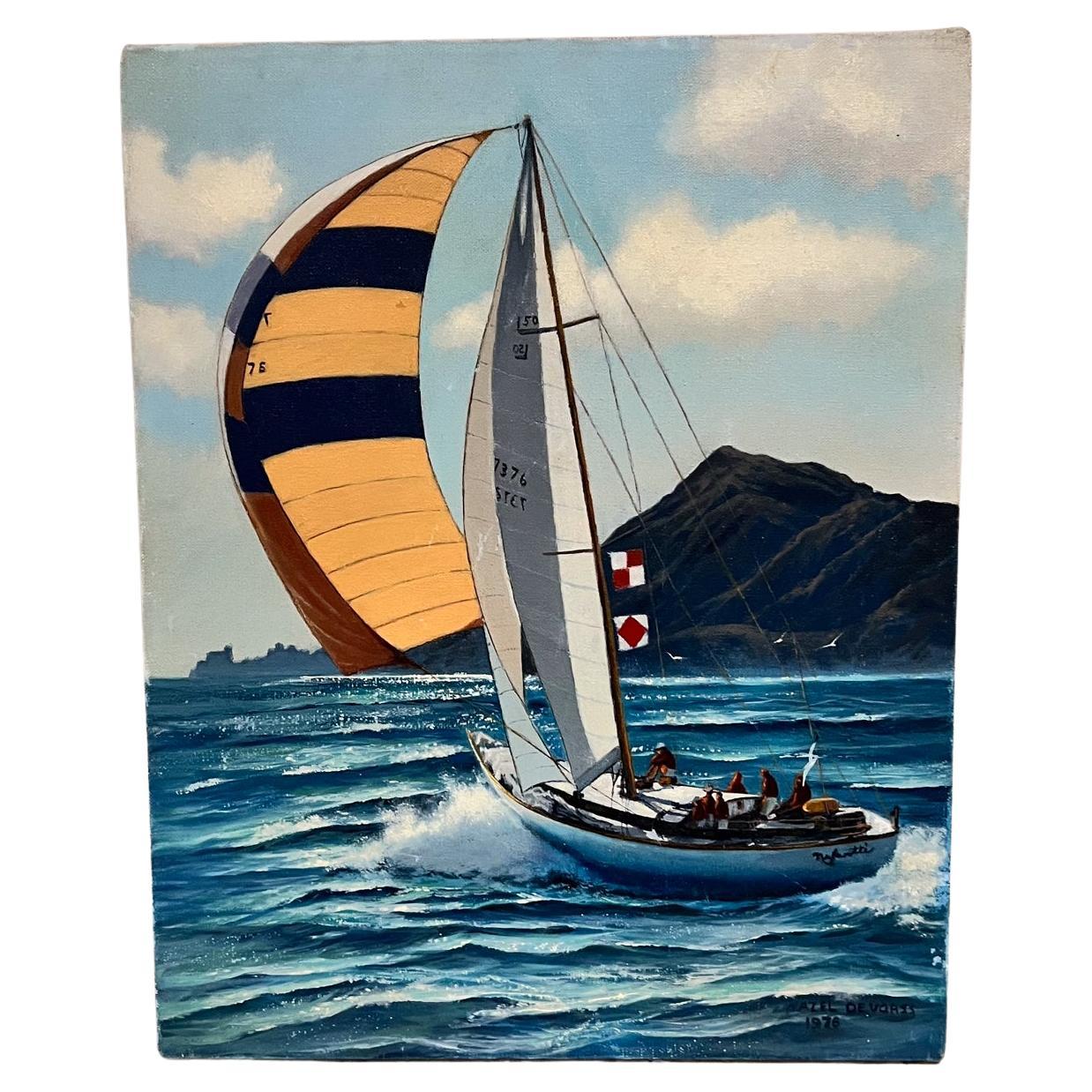 1976 Hazel DeVorss Oil on Canvas Painting Sailboat Regatta Art
