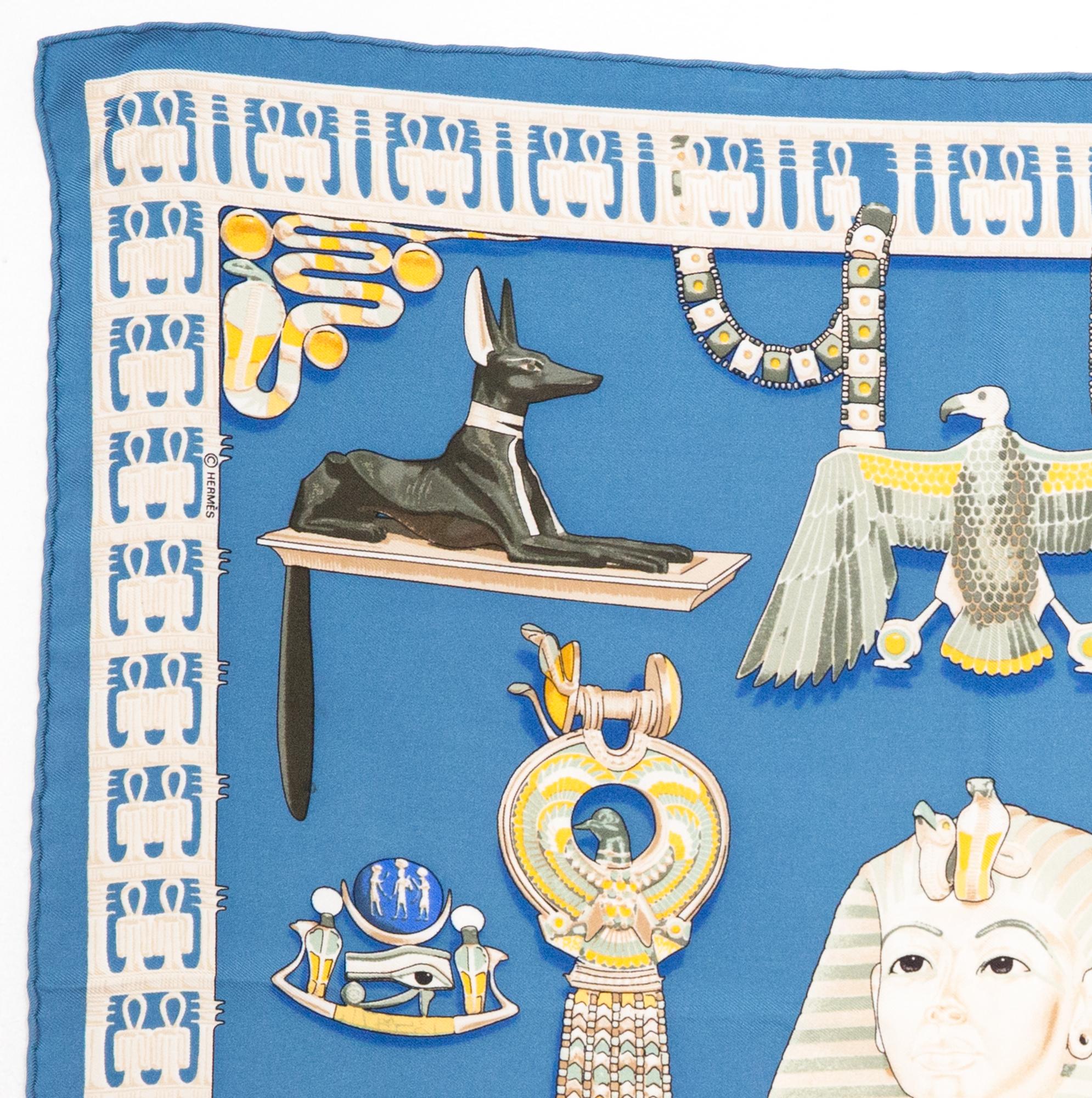 1976 Hermes gavroche silk scarf Tutankhamun by Vladimir Rybaltchenko featuring an egyptian scene and a Hermès signature. 
First edition in 1976
In good vintage condition. Made in France.
16.9in (43cm)  X 16.9in (43cm)
We guarantee you will receive
