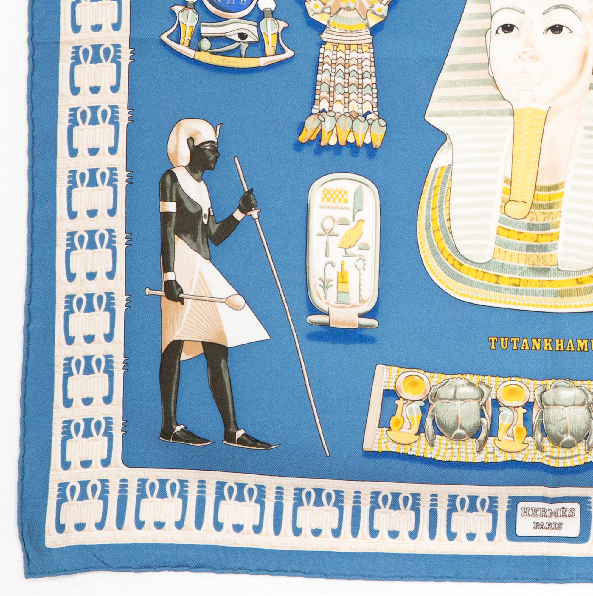 1976 Hermes Blue Tutankhamun by Vladimir Rybaltchenko Silk Scarf In Good Condition In Paris, FR