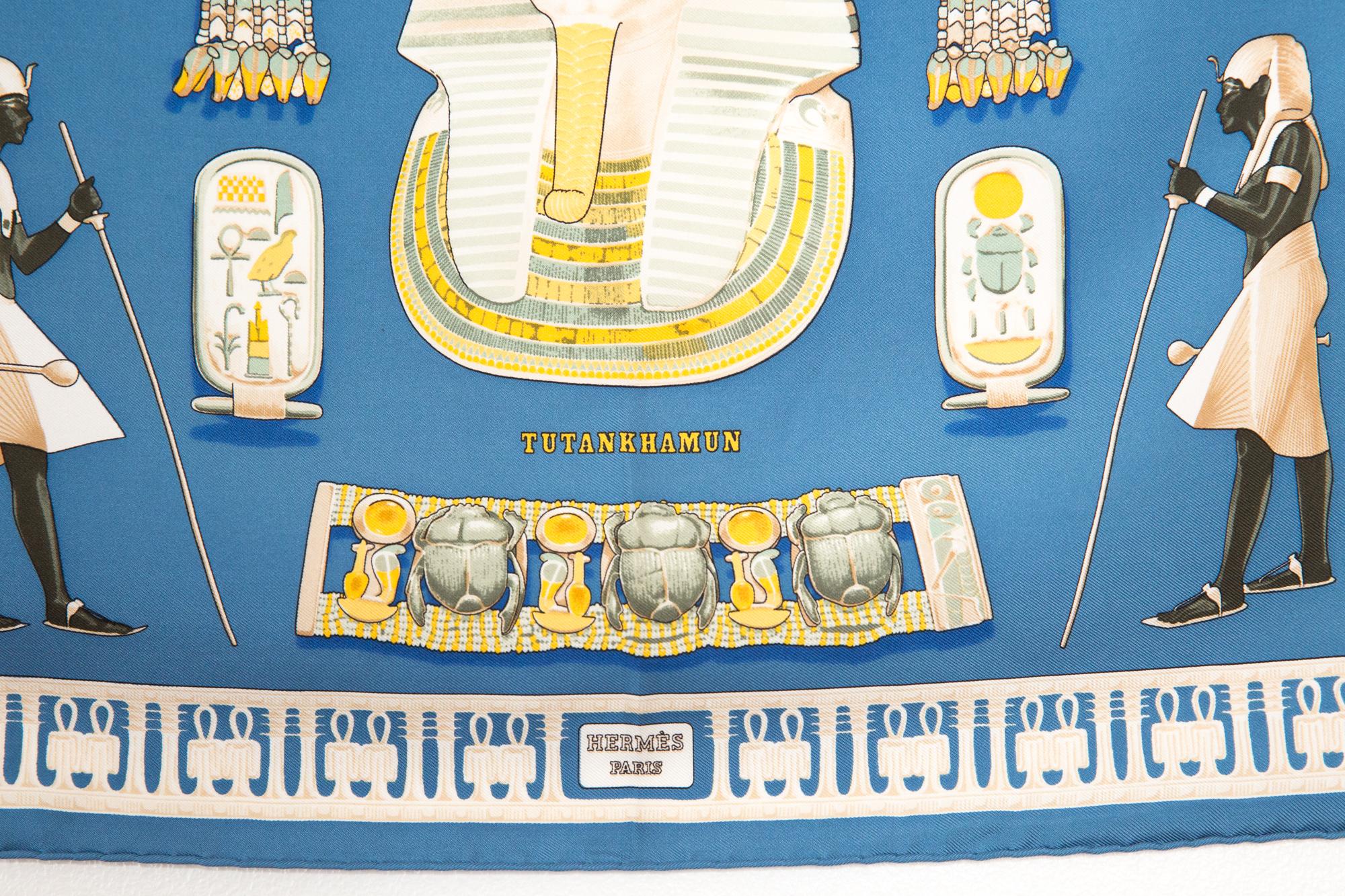 Women's or Men's 1976 Hermes Blue Tutankhamun by Vladimir Rybaltchenko Silk Scarf