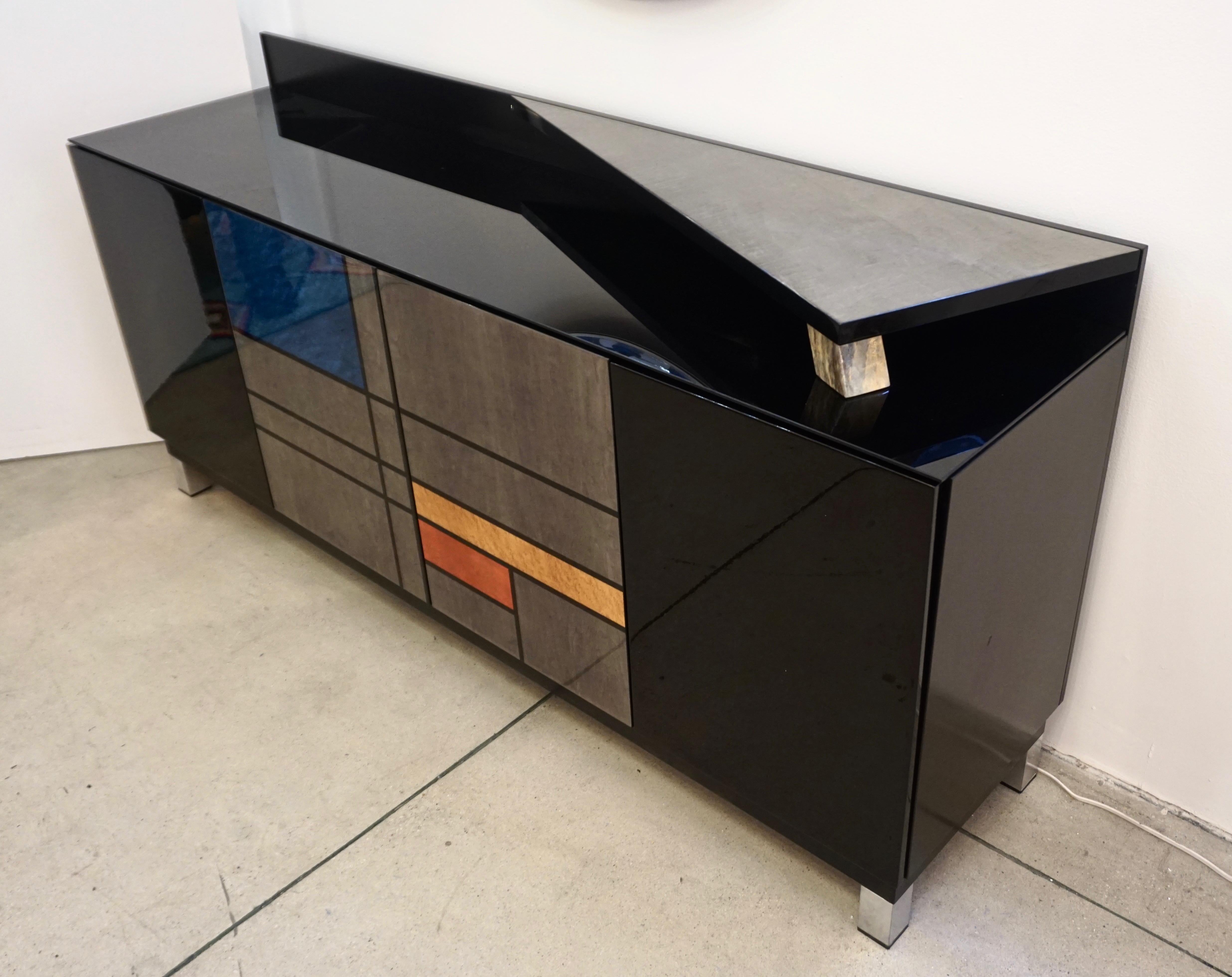 One of a kind Postmodern credenza/cupboard with bar, only one example specifically created by Studio Cattaneo for the 1976 Salone del Mobile in Milan, high quality of craftsmanship, with a Mondrian decor lacquered front in royal blue, silver grey,