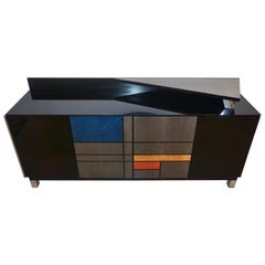 Vintage 1976 Italian Black Lacquer Silver Grey Blue Mondrian Decor Bar Sideboard/Cabinet