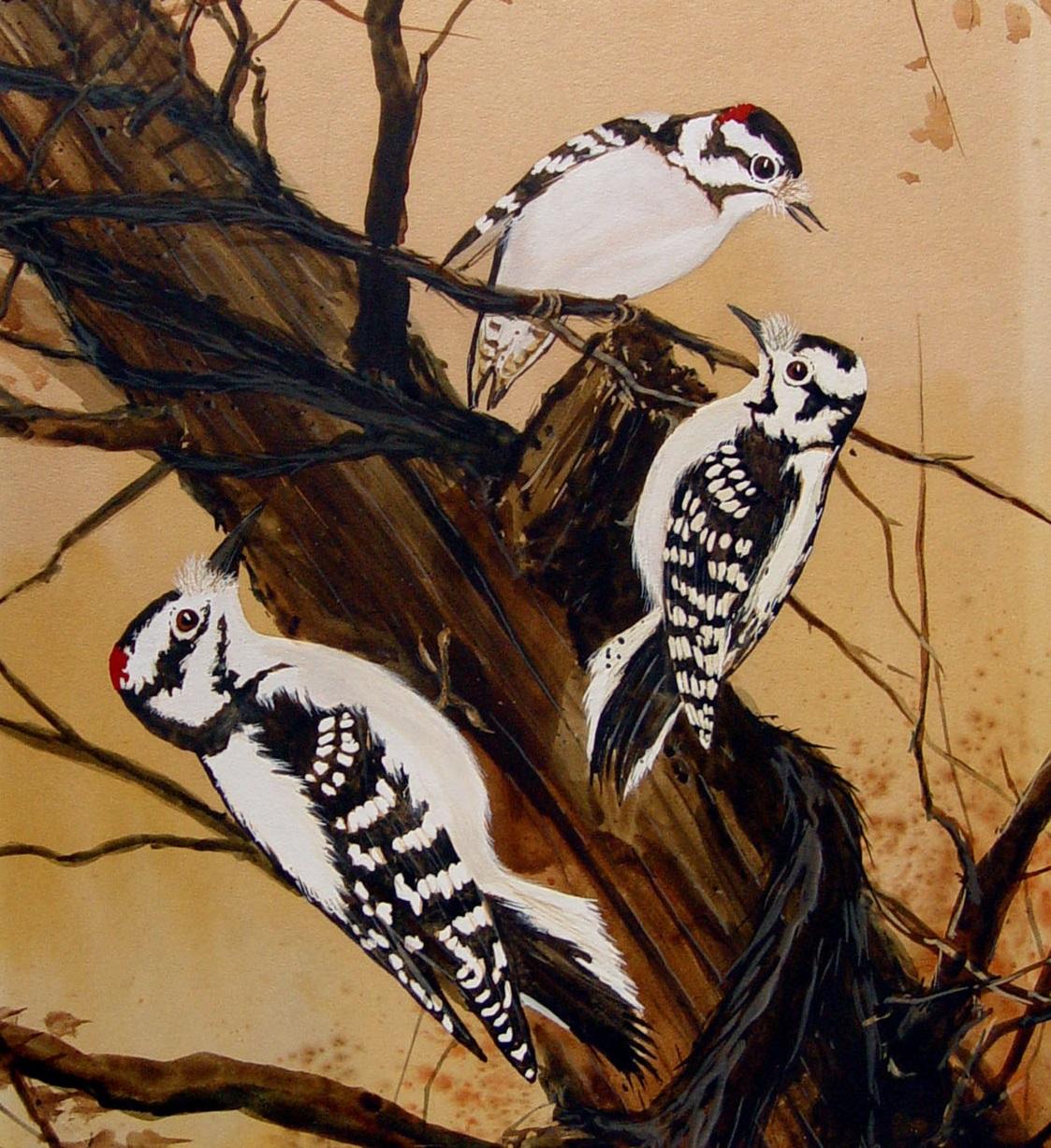 1976 Jerry Weers Downey Woodpeckers Painting In Good Condition For Sale In Seguin, TX