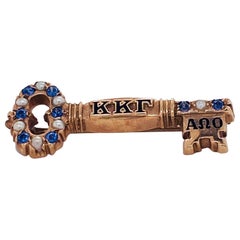 1976 Kappa Kappa Gamma Vintage Sorority Key Pin w Genuine Pearls & Sapphires