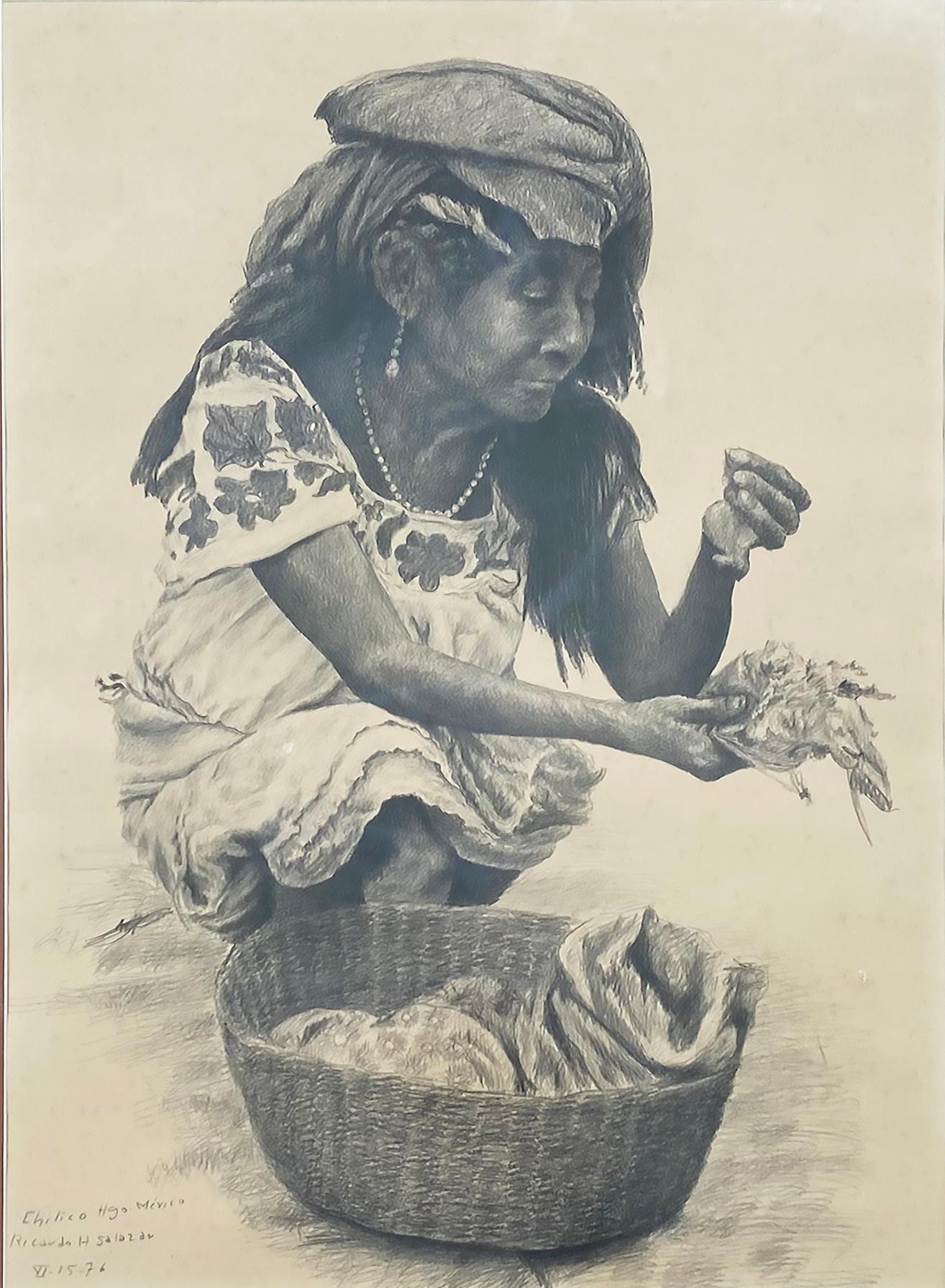 1976 Mexikanische Ricardo H. Salazar Bleistiftzeichnung/Bleistiftzeichnung/Papier, Hidalgo, MX

Zum Verkauf angeboten wird eine komplizierte und meisterhaft gezeichnete realistische Bleistiftzeichnung einer mexikanischen Frau in der Stadt Chilimico,