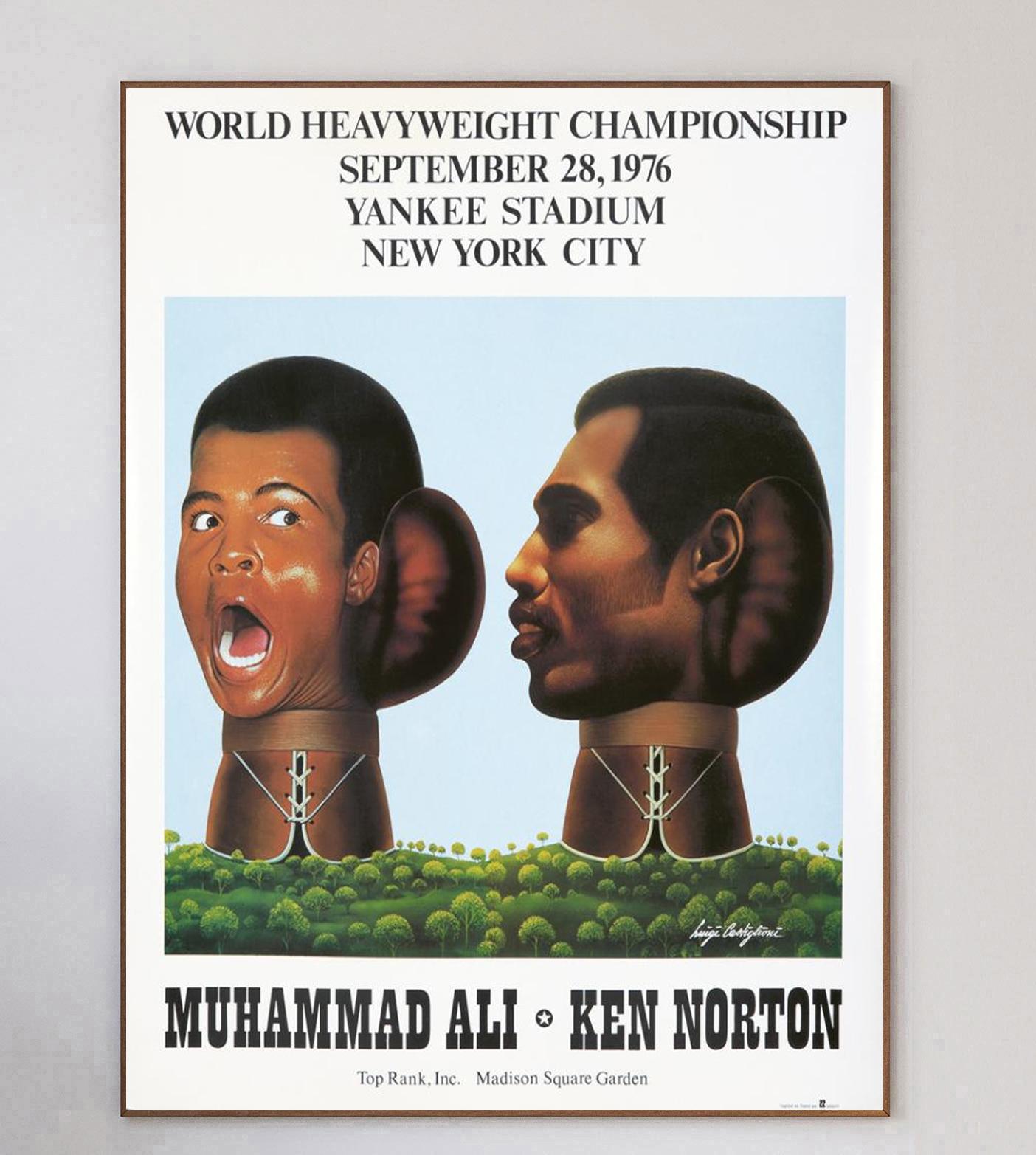 With wonderful artwork from Italian poster artist Luigi Castiglioni, this brilliant poster was created to promote the World Heavyweight Championship fight between the legendary Muhammad Ali and Ken Norton.

The fight was held on September 28, in