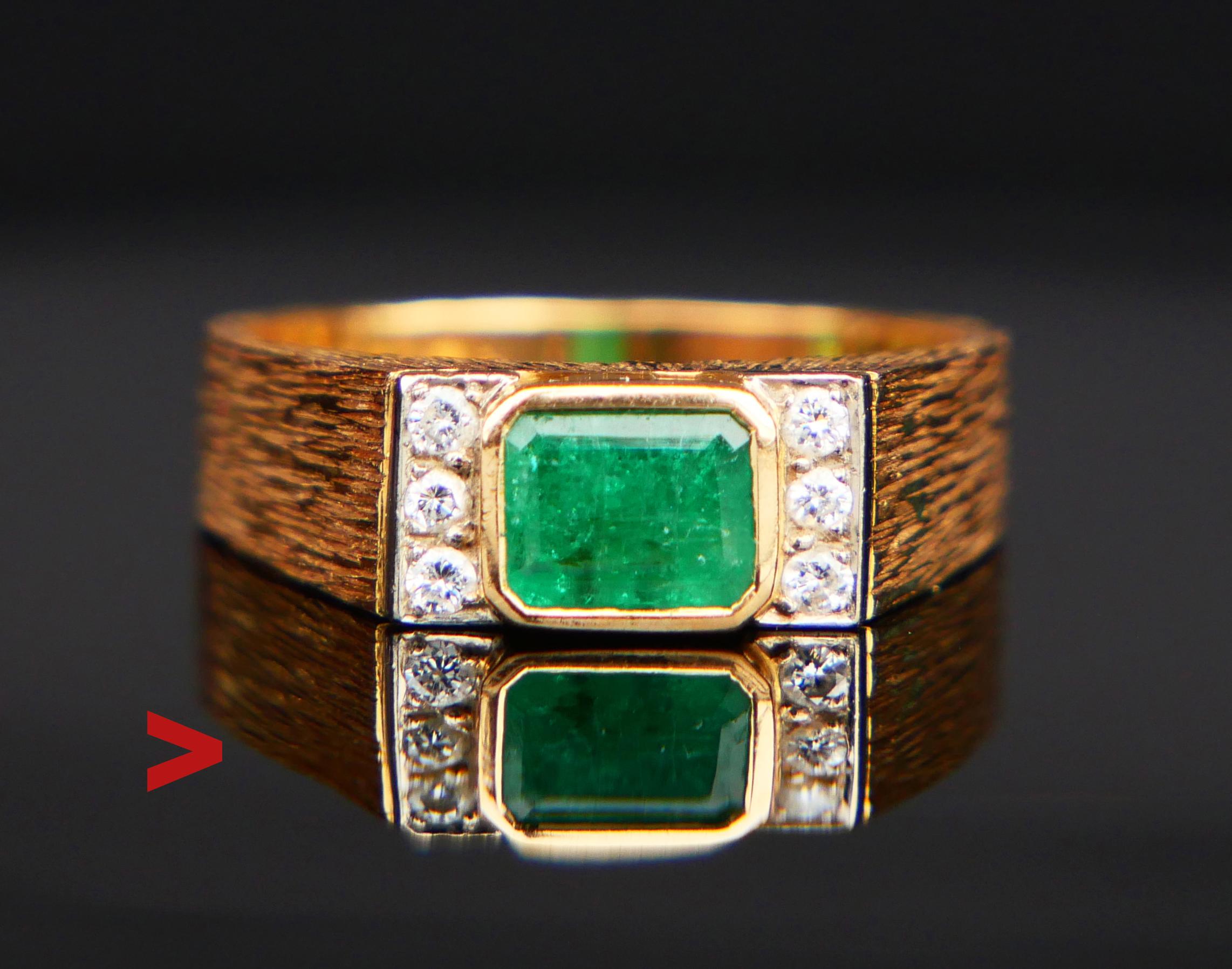 
Vintage Emerald and Diamonds Ring. 18K Yellow White Gold. Swedish hallmarks of maker, date code is C10 / made in 1976. Stamped in Swedish 