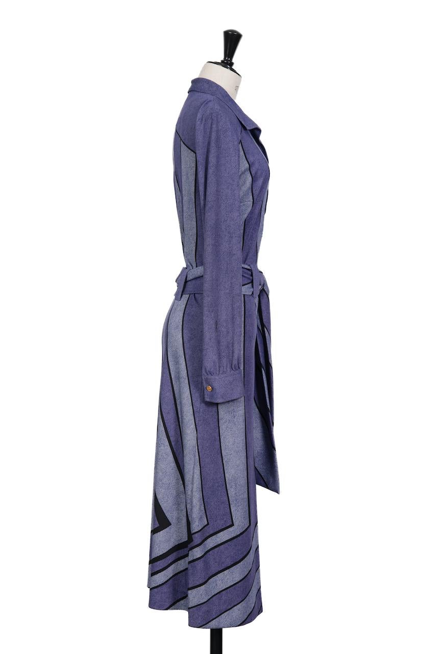 1976 Roberta di Camerino “Gabbiano“ Violet Trompe l'Oeil Print Belted Dress For Sale 2