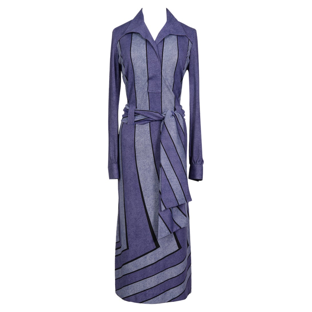 1976 Roberta di Camerino Gabbiano Violettes Kleid mit Trompe l'Oeil-Druck und Gürtel im Angebot