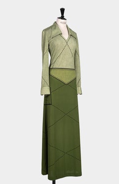 1976 Roberta di Camerino "Hippie" Green Jersey Trompe l'Oeil Print Maxi Dress