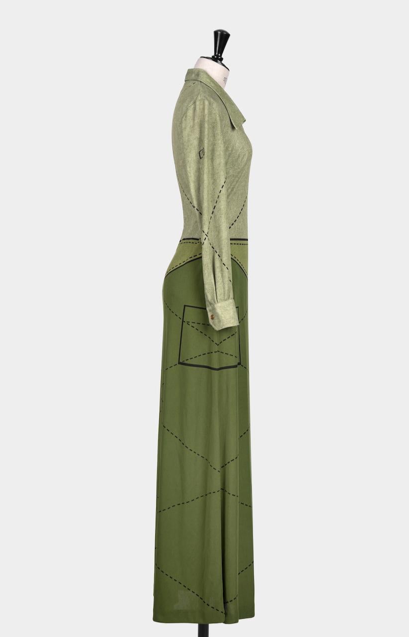 1976 Roberta di Camerino „Hippie“ Maxikleid aus grünem Jersey mit Trompe-l'Oeil-Druck im Zustand „Hervorragend“ in Munich, DE