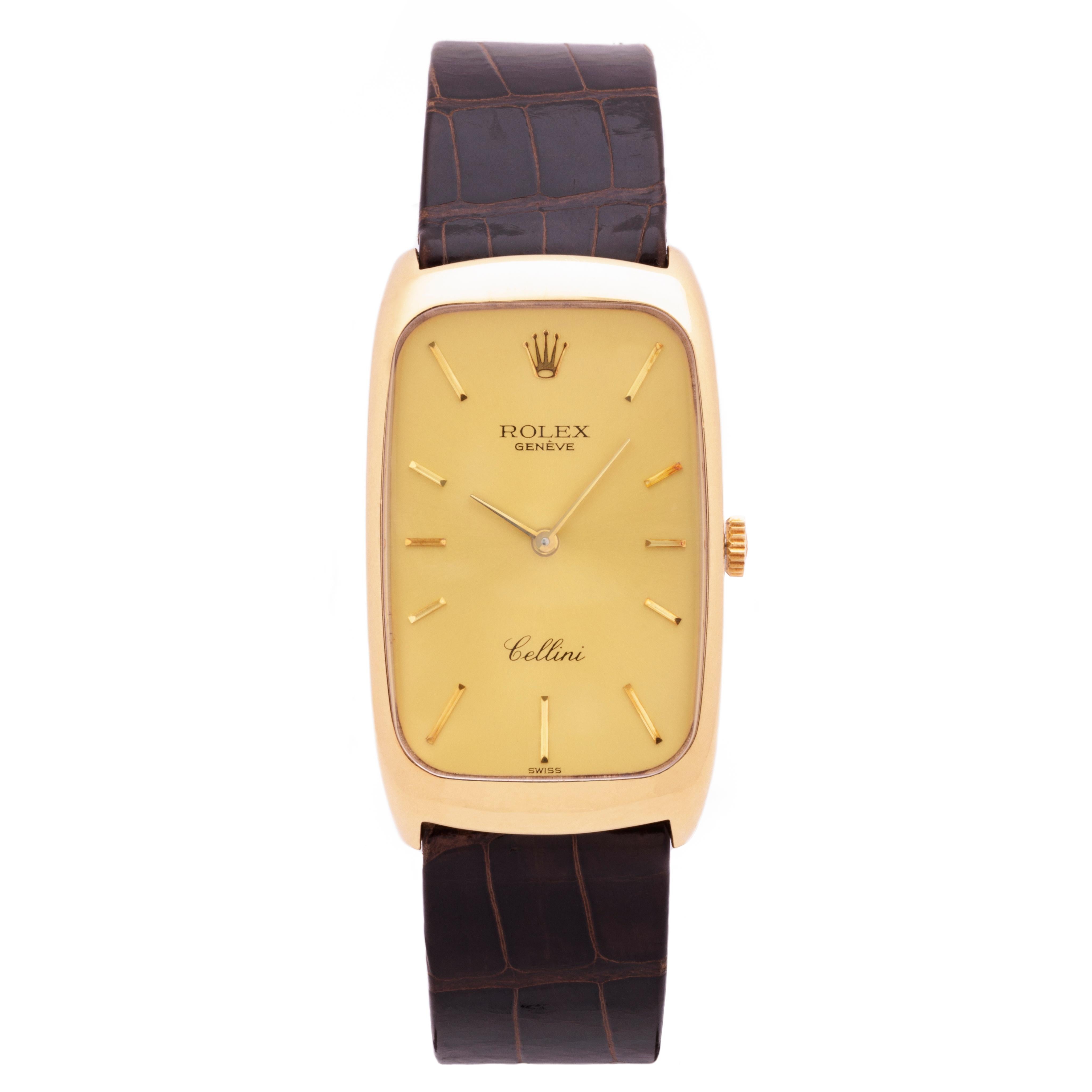 Vintage Rolex Cellini 
18k Yellow Gold 
Model 4108 
Serial 4320XXX 
Manual Wind 
Chocolate Brown Rolex Strap
c.1976
Made in Switzerland

To borrow a line from the 2010 David Fincher film The
Social Network: Fashion is never finished. It is
endlessly