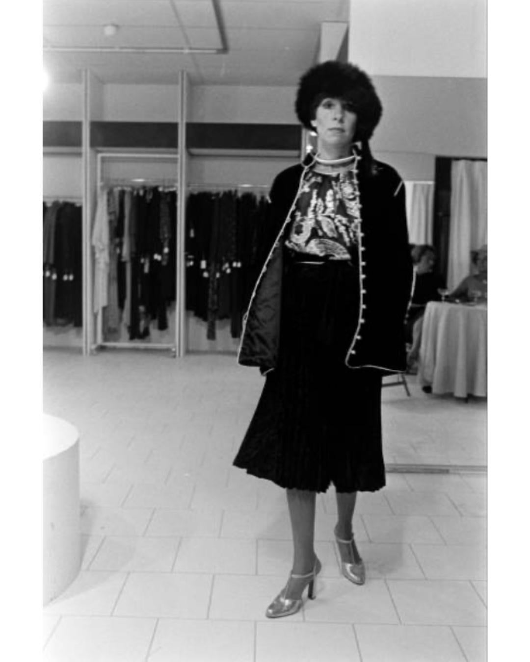 1976 Runway Yves Saint Laurent Black Silk Gold Brocade Skirt Suit For Sale 7