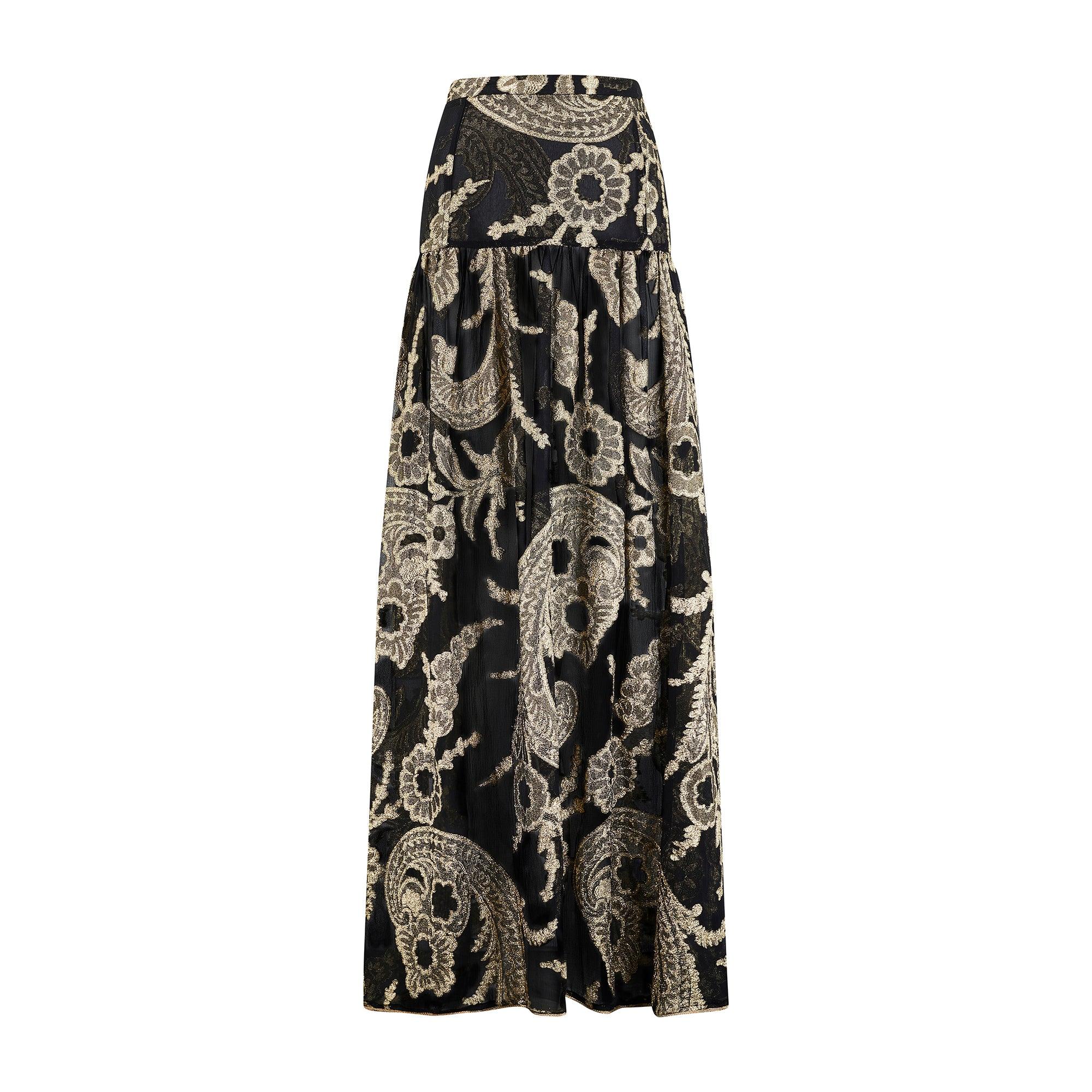 Women's 1976 Runway Yves Saint Laurent Black Silk Gold Brocade Skirt Suit For Sale