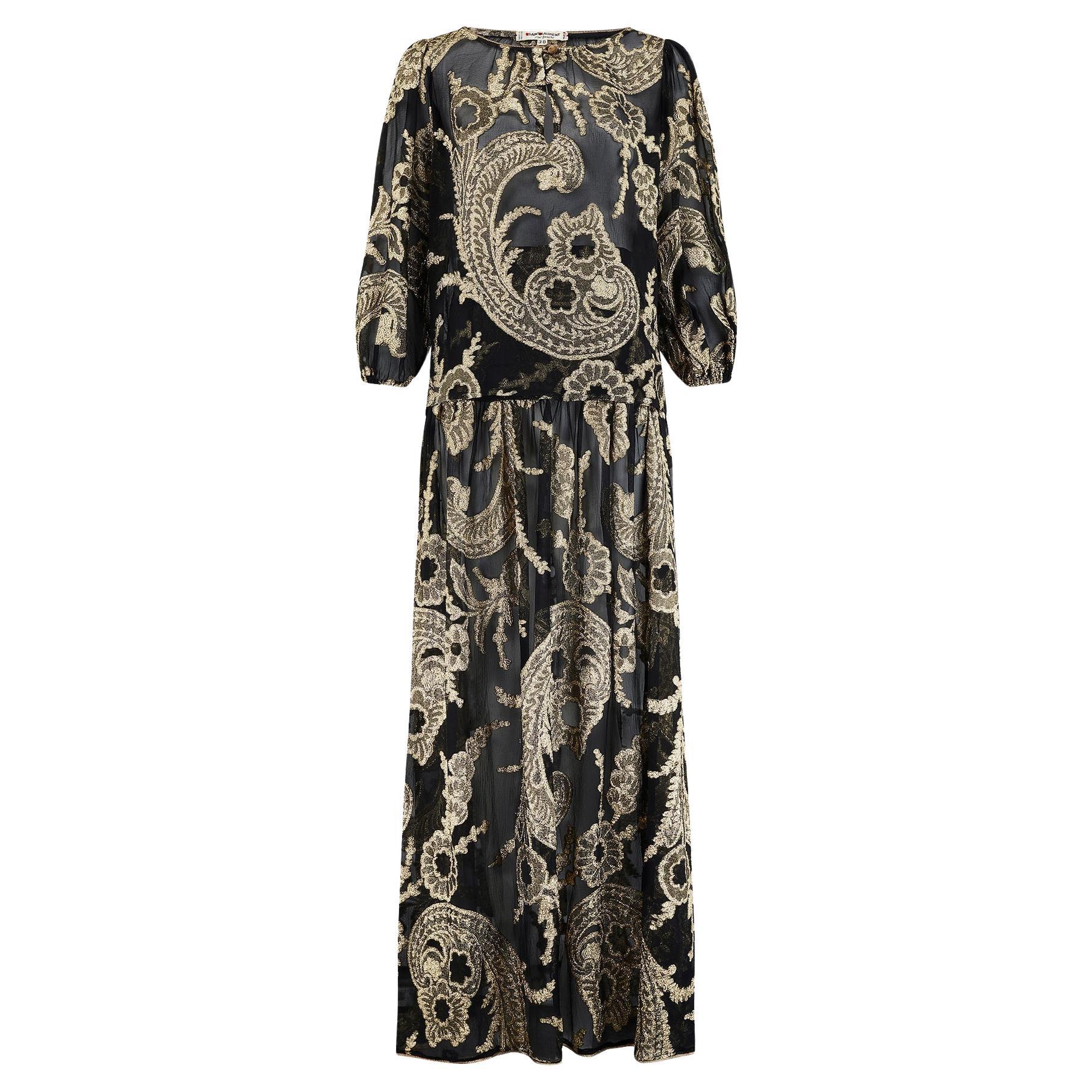1976 Runway Yves Saint Laurent Black Silk Gold Brocade Skirt Suit For Sale
