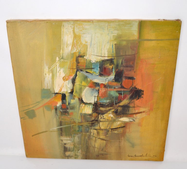 1976 Signed Abstract Oil Painting on Canvas Hues of Earth Tone Colors Fine Art For Sale at 1stDibs
