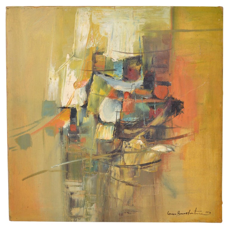 1976 Signed Abstract Oil Painting on Canvas Hues of Earth Tone Colors