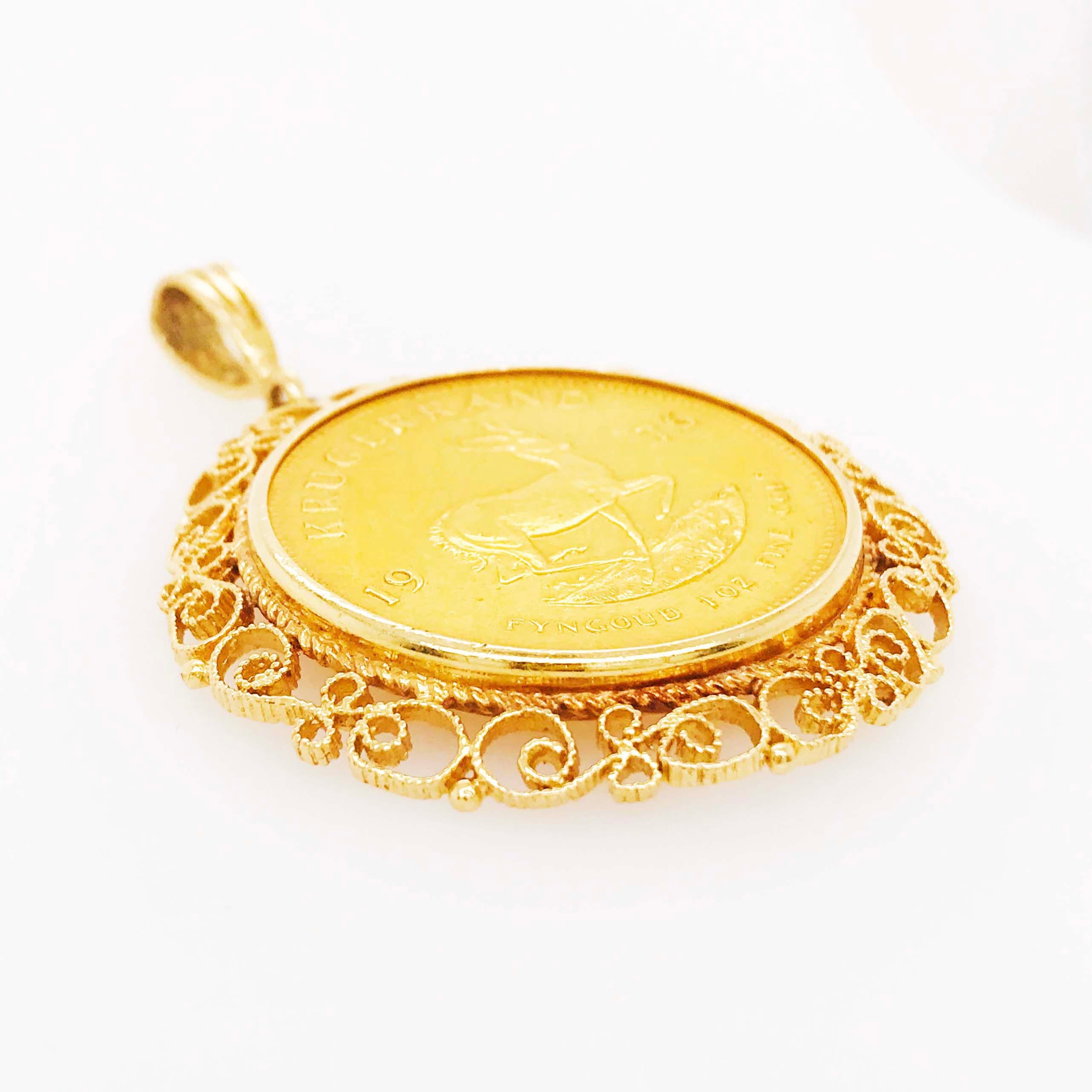 22K Gold Coins are all the rage and this one will definitely get your friends talking! This is a genuine 1 oz 1976 Krugerrand South Africa gold coin! Set in a one- of- a-kind custom gold bezel! This is a rich and special jewelry piece. This gold