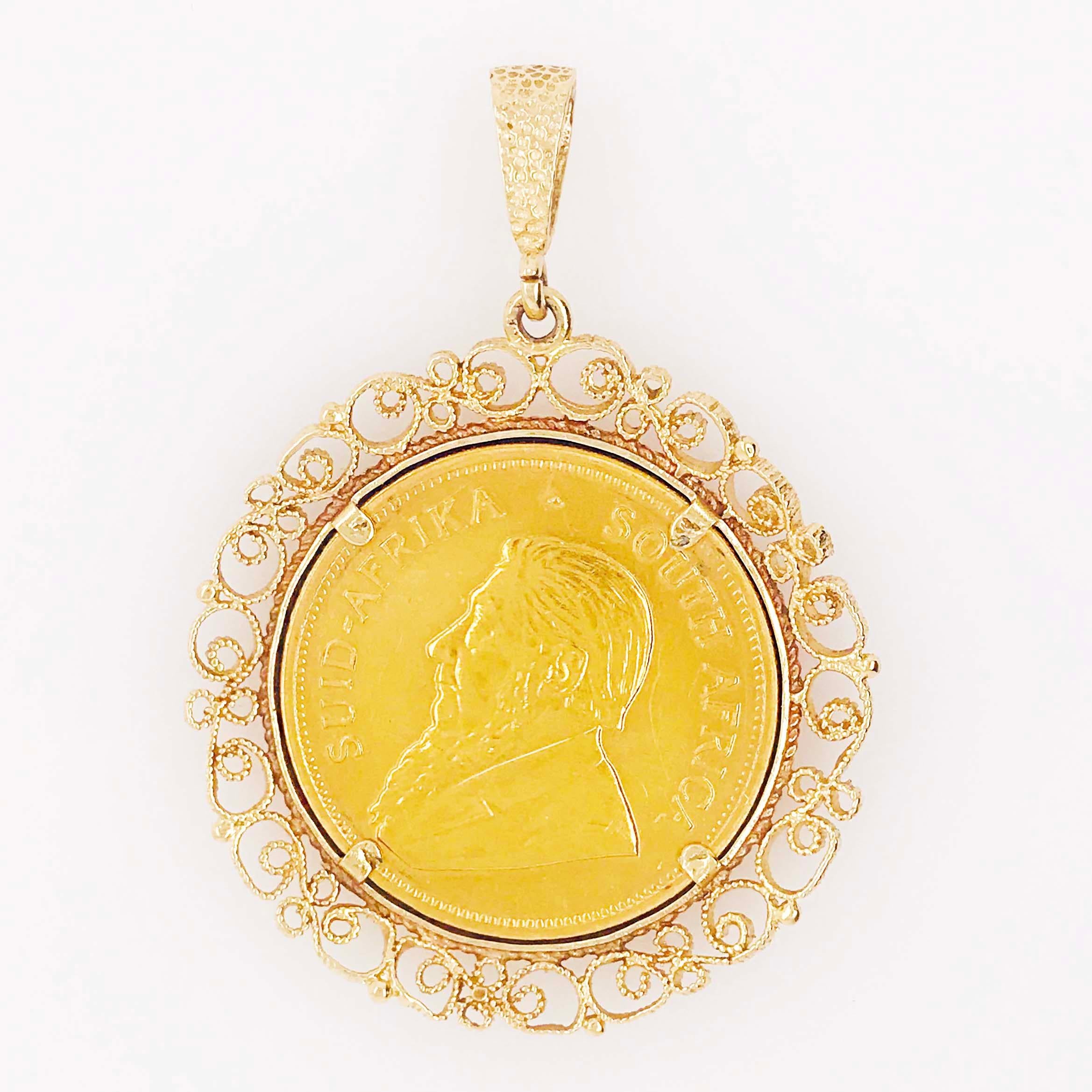 Women's or Men's 1976 South Africa 1 oz Krugerrand Gold Coin with Custom Gold Lace Filigree Bezel
