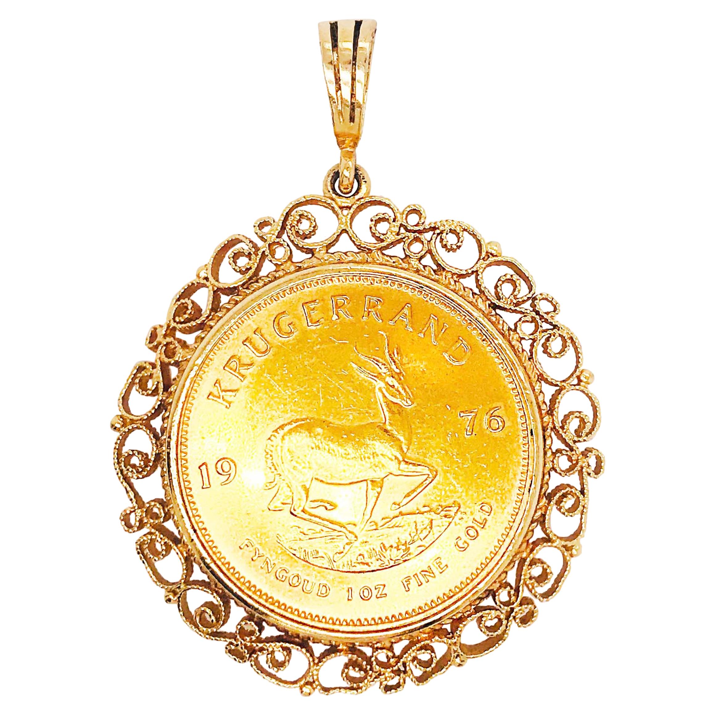 1976 South Africa 1 oz Krugerrand Gold Coin with Custom Gold Lace Filigree Bezel