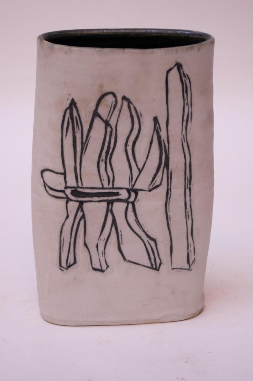 American 1976 Studio Stoneware Black and White Abstract Floral Vase Signed Pollack For Sale