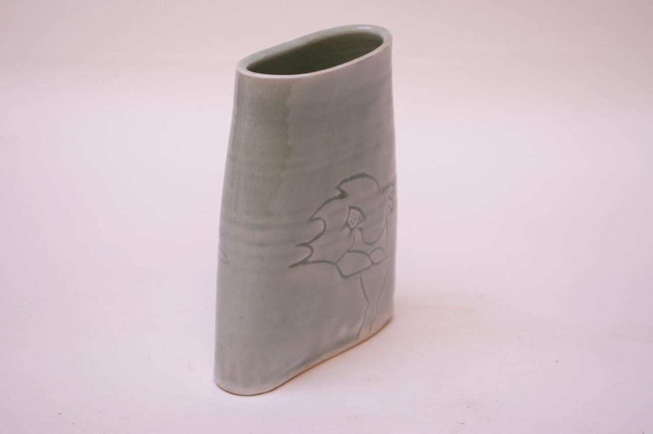 Mid-Century Modern 1976 Studio Stoneware Pale Green Abstract Vase Signed Pollack For Sale
