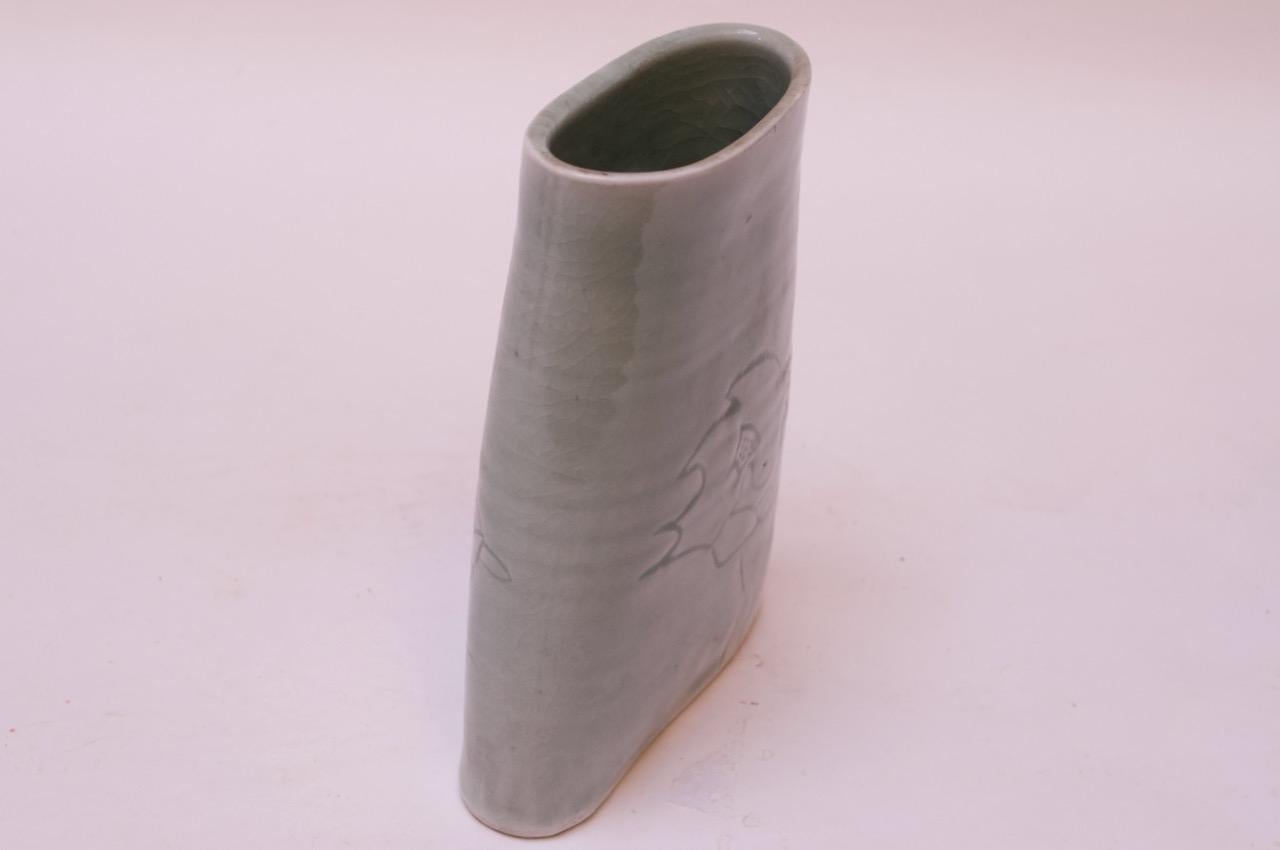 American 1976 Studio Stoneware Pale Green Abstract Vase Signed Pollack For Sale