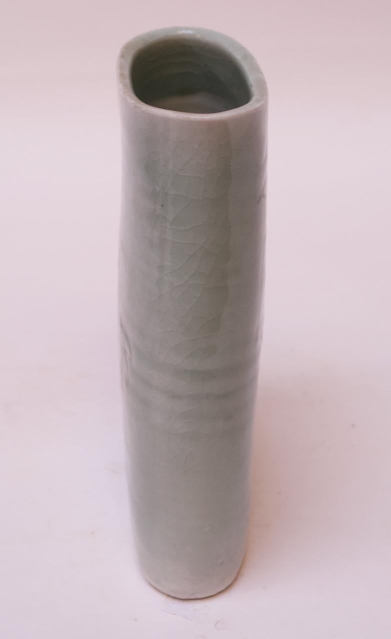 1976 Studio Stoneware Pale Green Abstract Vase Signed Pollack In Good Condition For Sale In Brooklyn, NY