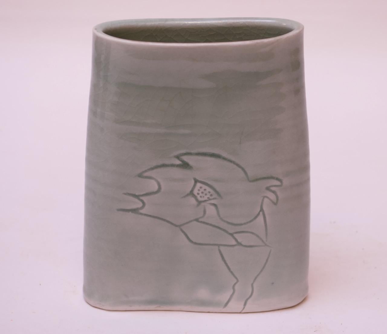 Late 20th Century 1976 Studio Stoneware Pale Green Abstract Vase Signed Pollack For Sale