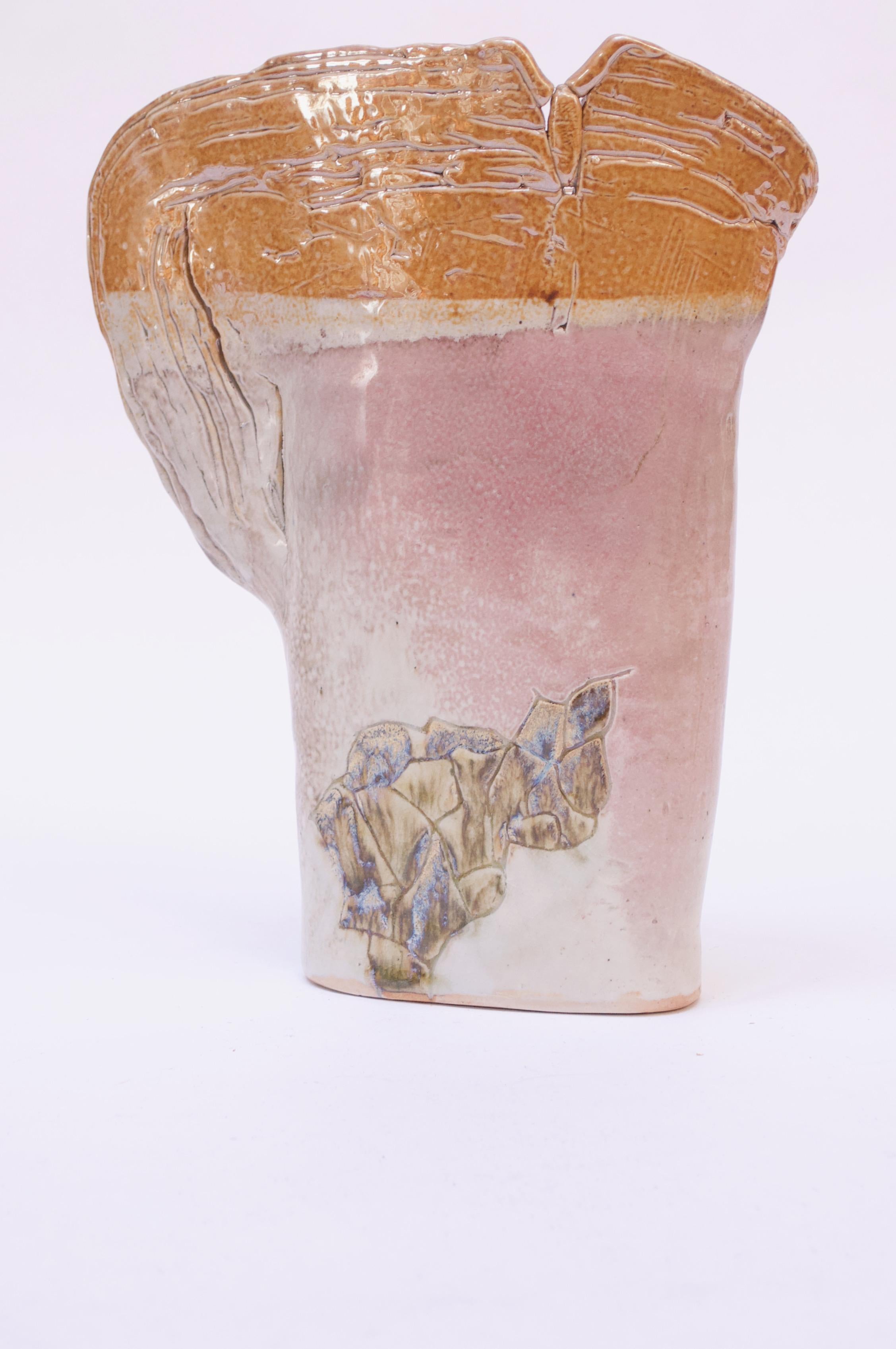 American 1976 Studio Stoneware Pink Abstract Vase Signed Pollack For Sale
