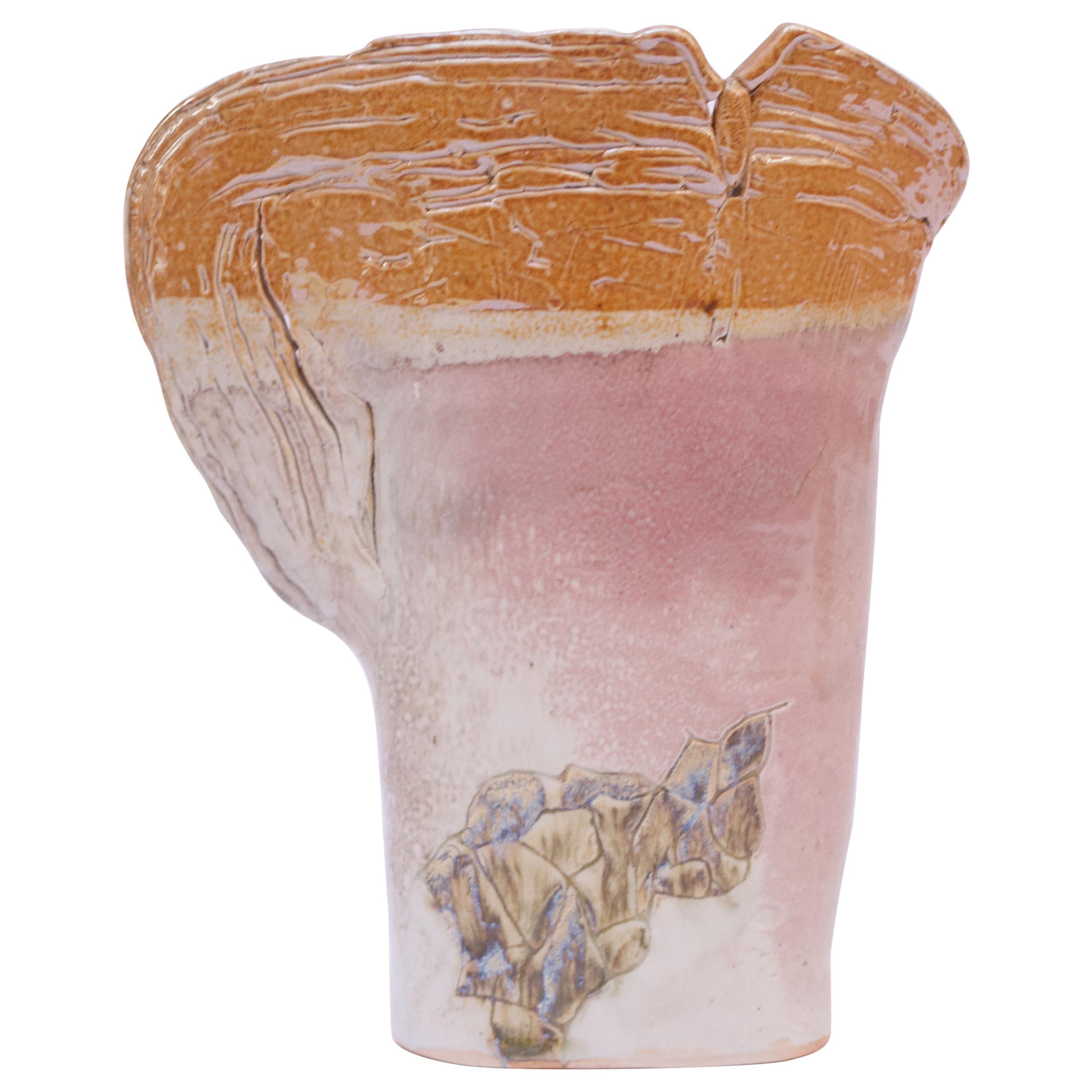 1976 Studio Stoneware Pink Abstract Vase Signed Pollack For Sale
