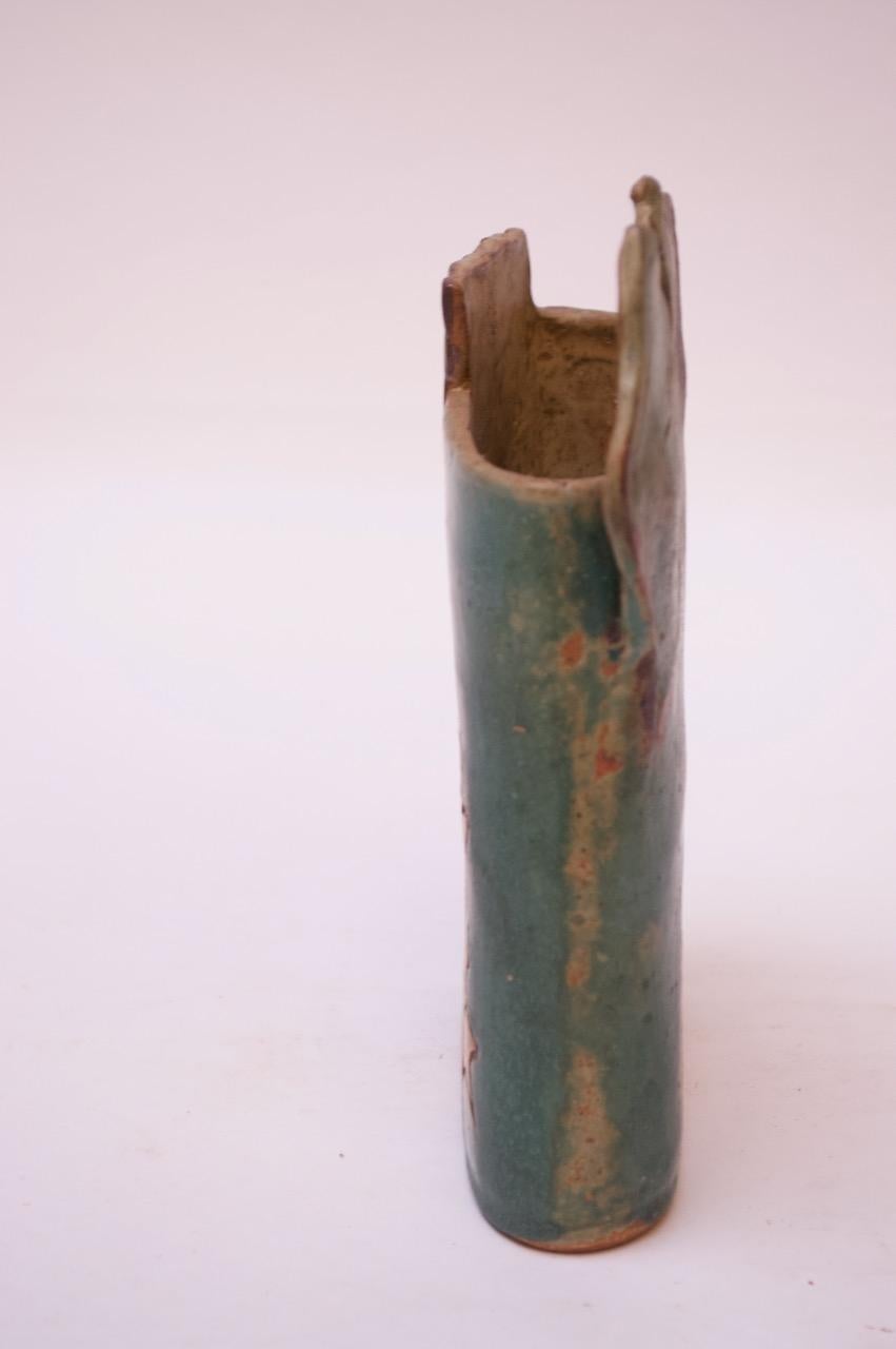American 1976 Studio Stoneware Teal and Ochre Floral Vase Signed Pollack For Sale