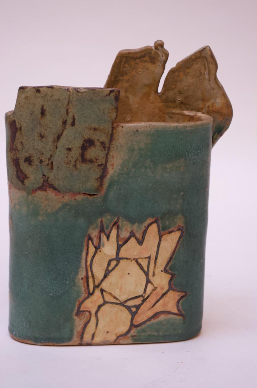 1976 Studio Stoneware Teal and Ochre Floral Vase Signed Pollack In Good Condition For Sale In Brooklyn, NY
