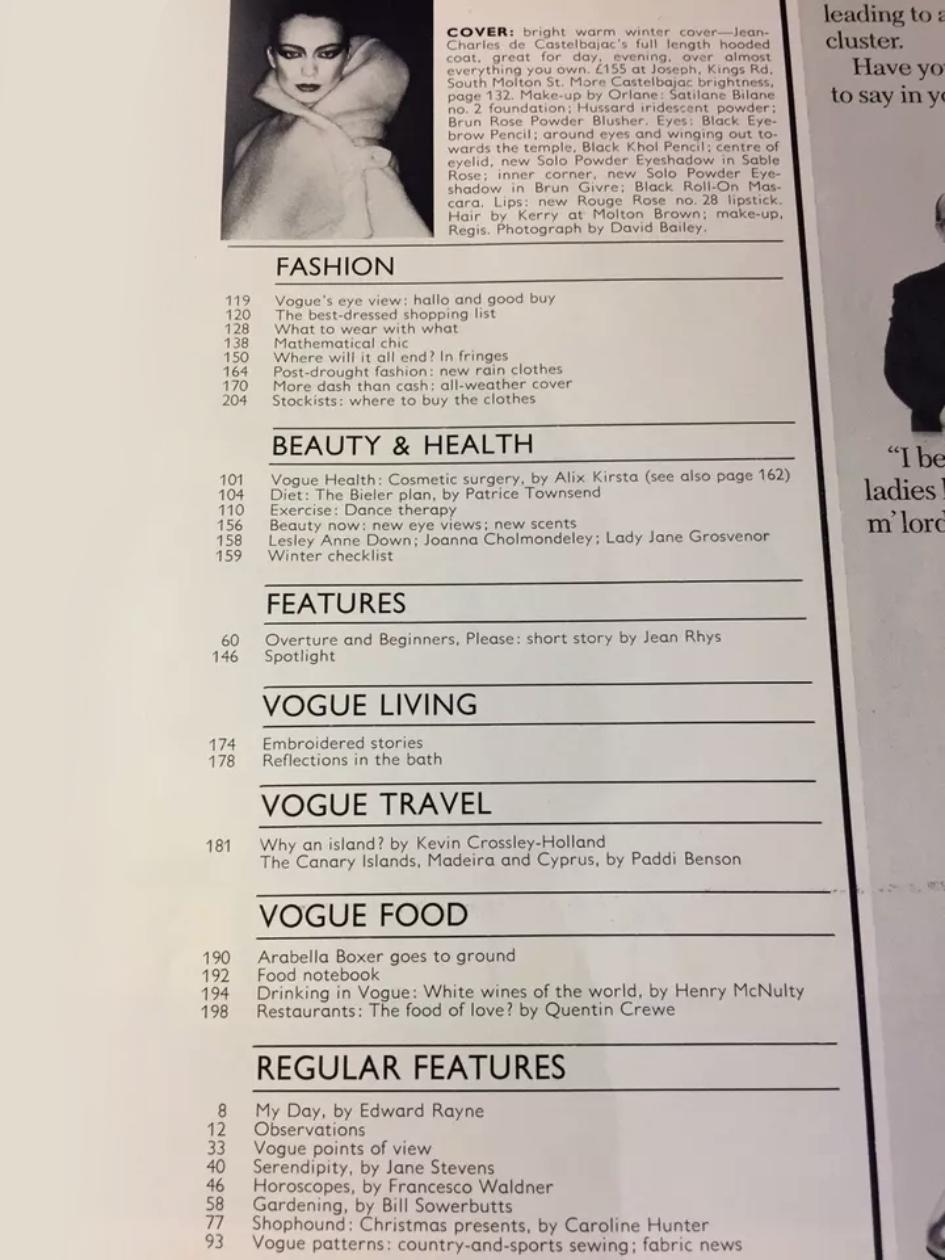 British Vogue magazine, November 1976, Number 15, whole number 2138, volume 133, 206 pages, Vibeke Knudsen by David Bailey on the cover

Features: 

My day by Edward Rayne
The best dressed shopping list
Featured Vibeke Knudsen
Photography David