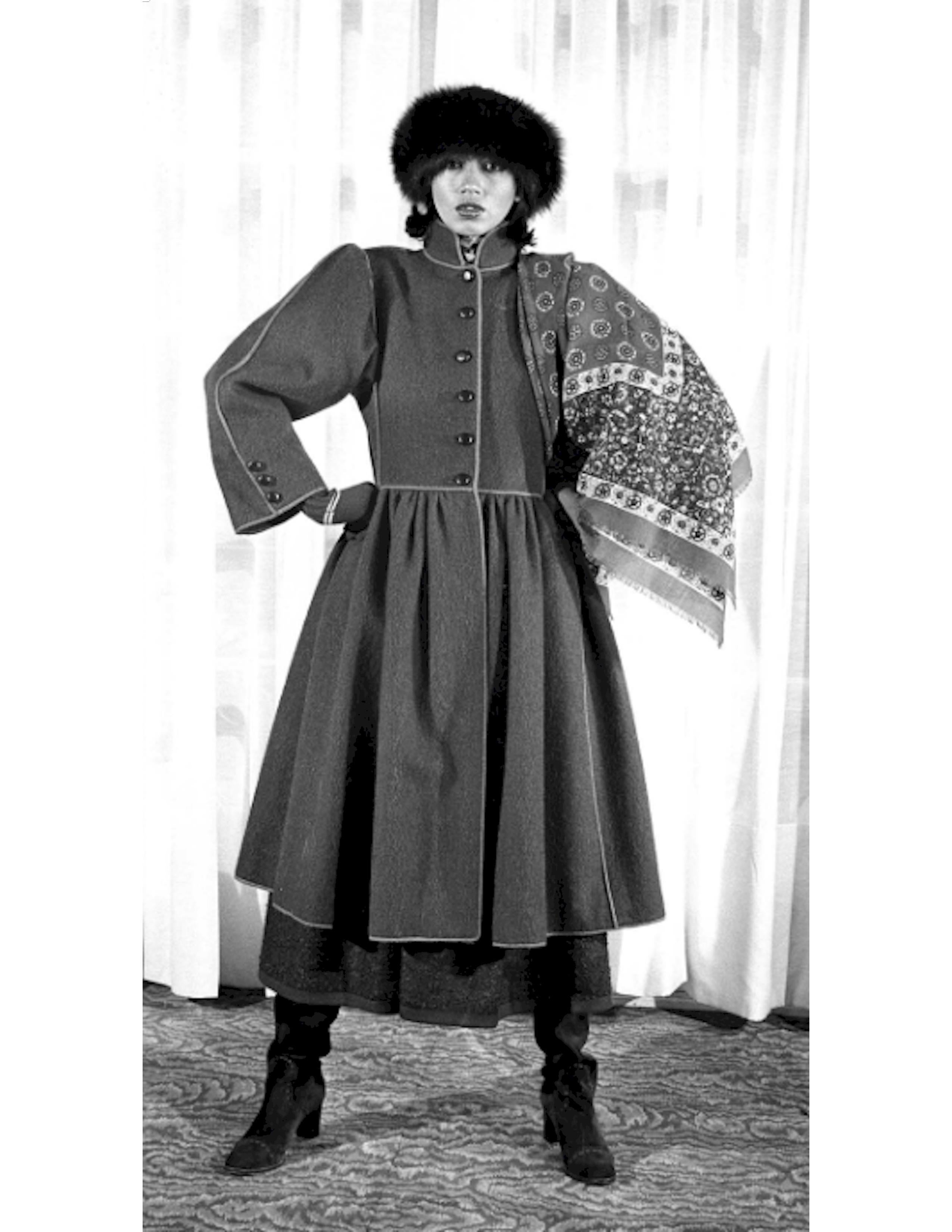 1976 YVES SAINT LAURENT 'Ballets Russes Opera' grey velvet coat with black trim 8
