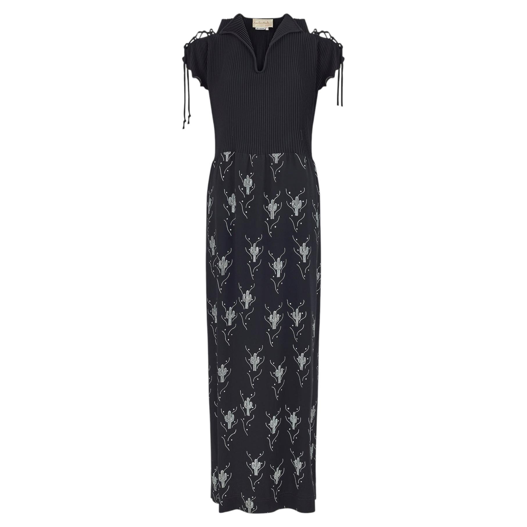 1976 Zandra Rhodes Black Plisse Cactus Print Maxi Dress