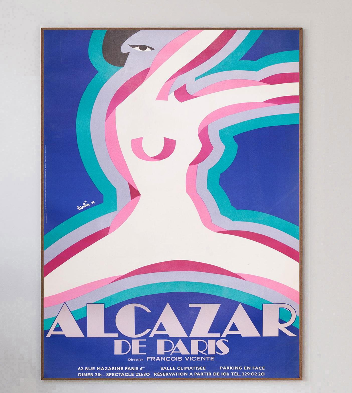 Brilliant poster for Alcazar De Paris at 62 Rue Marazine in Paris, France. The famous Alcazar was once known for its cabaret and evening shows and remains a restaurant and bar today. 

With gorgeous and vibrant artwork from French artist Claude