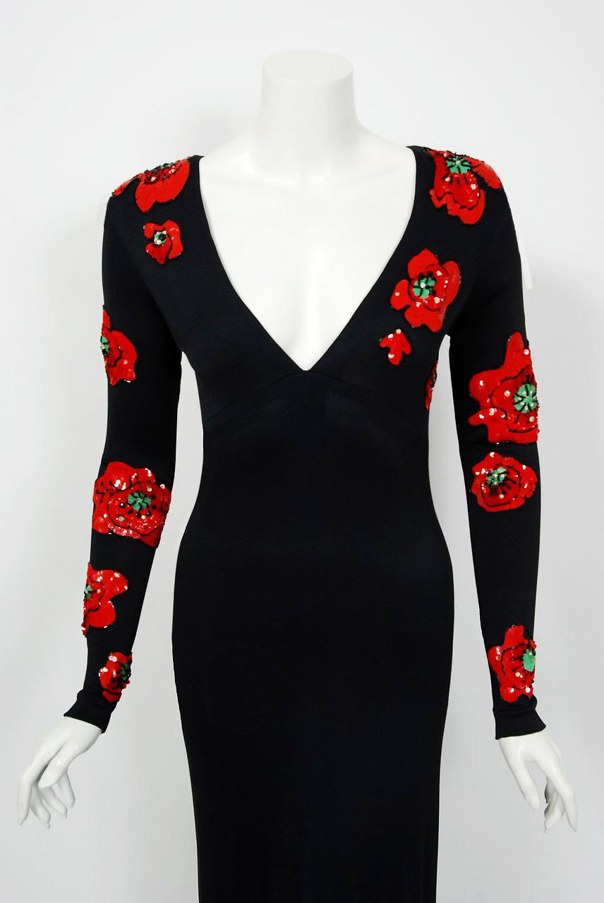 Seductive Bob Mackie beaded black silk-jersey gown dating back to his early days of designing. Bob Mackie began his career as a Hollywood costuming sketch artist, working for both Edith Head and Jean Louis. While working with designer Ray Aghayan,