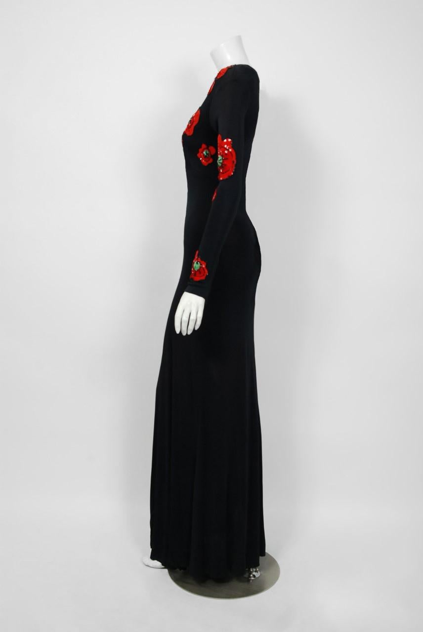 1977 Bob Mackie Couture Beaded Sequin Red-Poppies Black Silk Jersey Plunge Gown 1