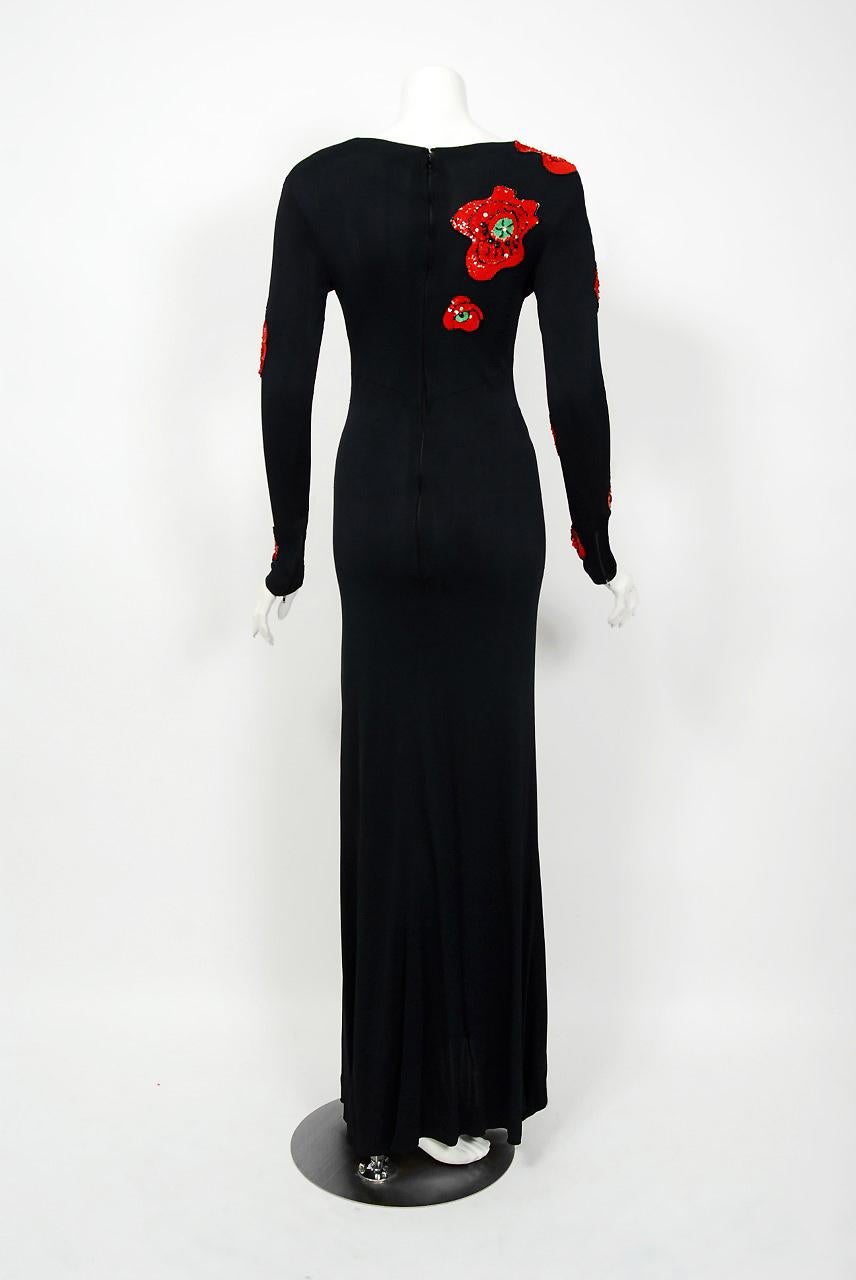 1977 Bob Mackie Couture Beaded Sequin Red-Poppies Black Silk Jersey Plunge Gown 2