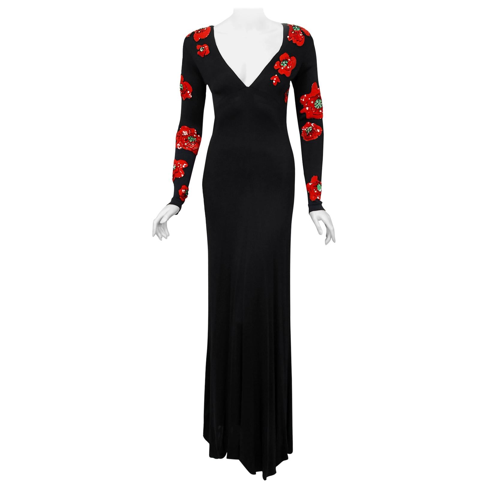 1977 Bob Mackie Couture Beaded Sequin Red-Poppies Black Silk Jersey Plunge Gown