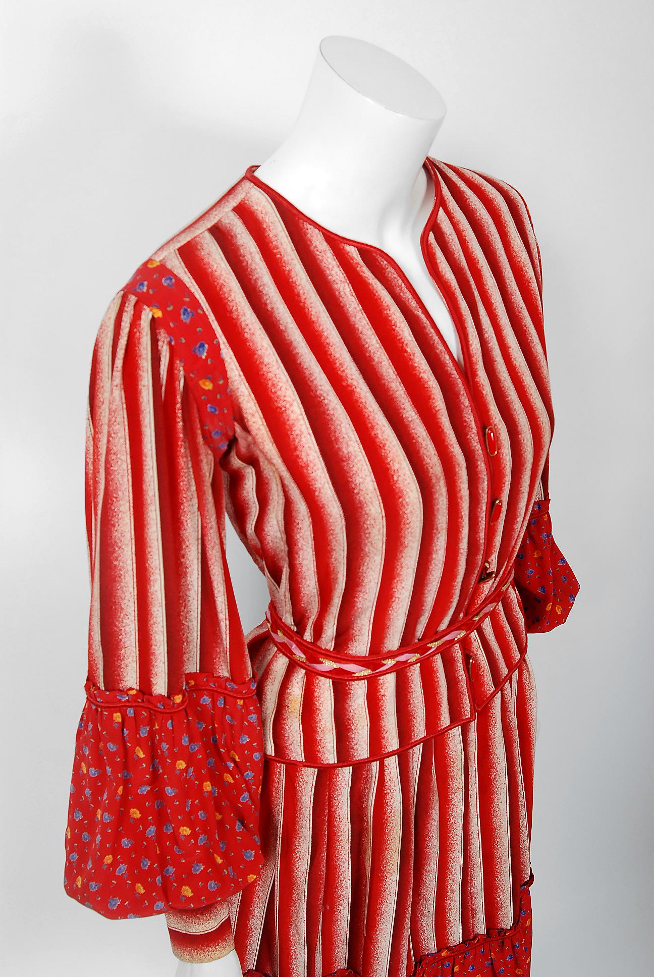 Vintage 1977 Emanuel Ungaro Haute Couture Red Floral Stripe Silk Blouse & Skirt In Good Condition In Beverly Hills, CA
