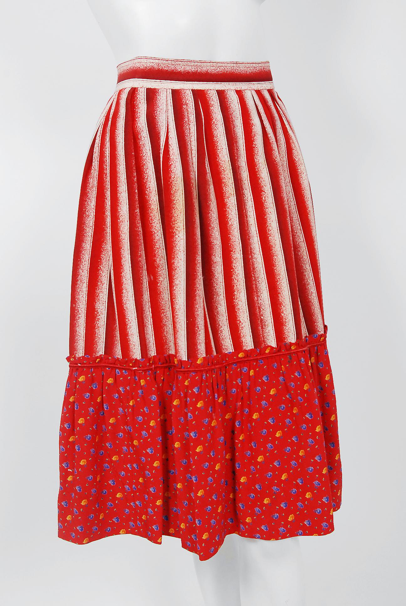 Vintage 1977 Emanuel Ungaro Haute Couture Red Floral Stripe Silk Blouse & Skirt 1