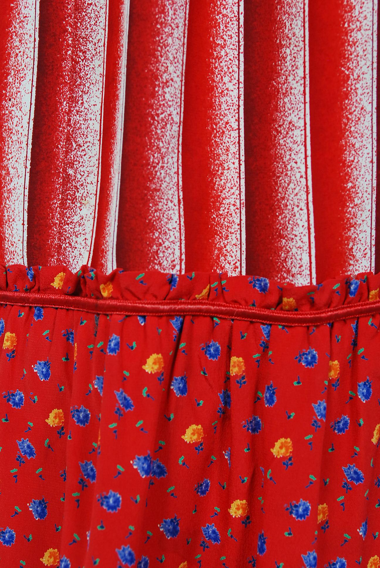 Vintage 1977 Emanuel Ungaro Haute Couture Red Floral Stripe Silk Blouse & Skirt 2