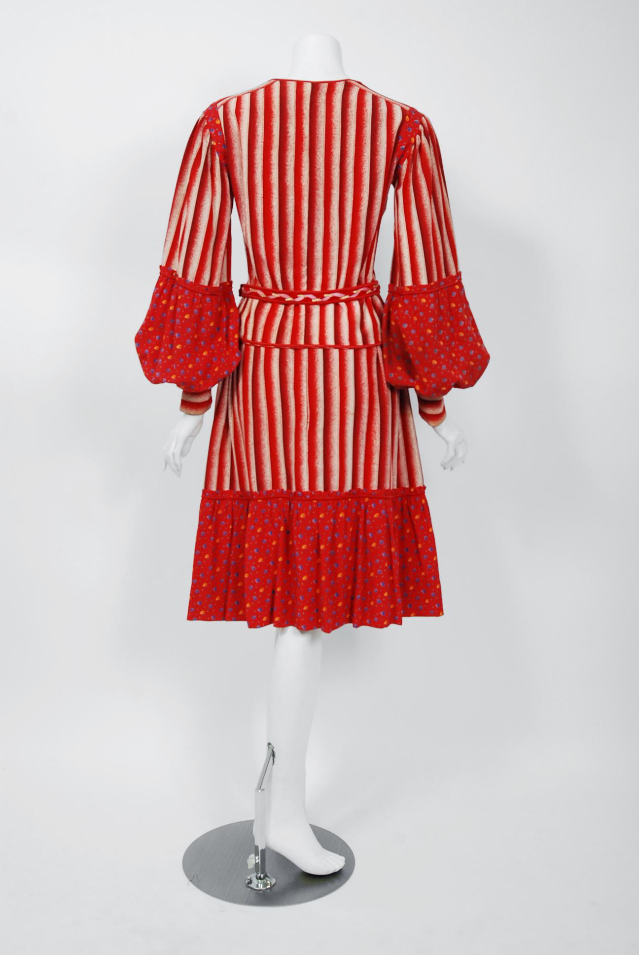 Vintage 1977 Emanuel Ungaro Haute Couture Red Floral Stripe Silk Blouse & Skirt 3
