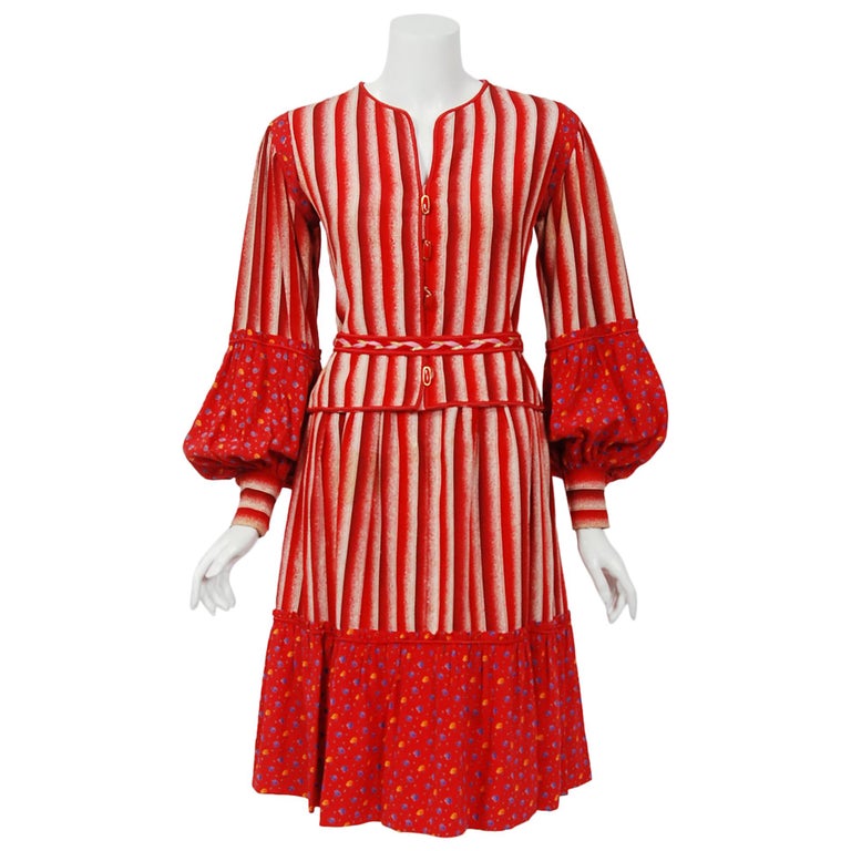 1977 Emanuel Ungaro Haute Couture Red Floral Stripe Silk Belted Blouse ...