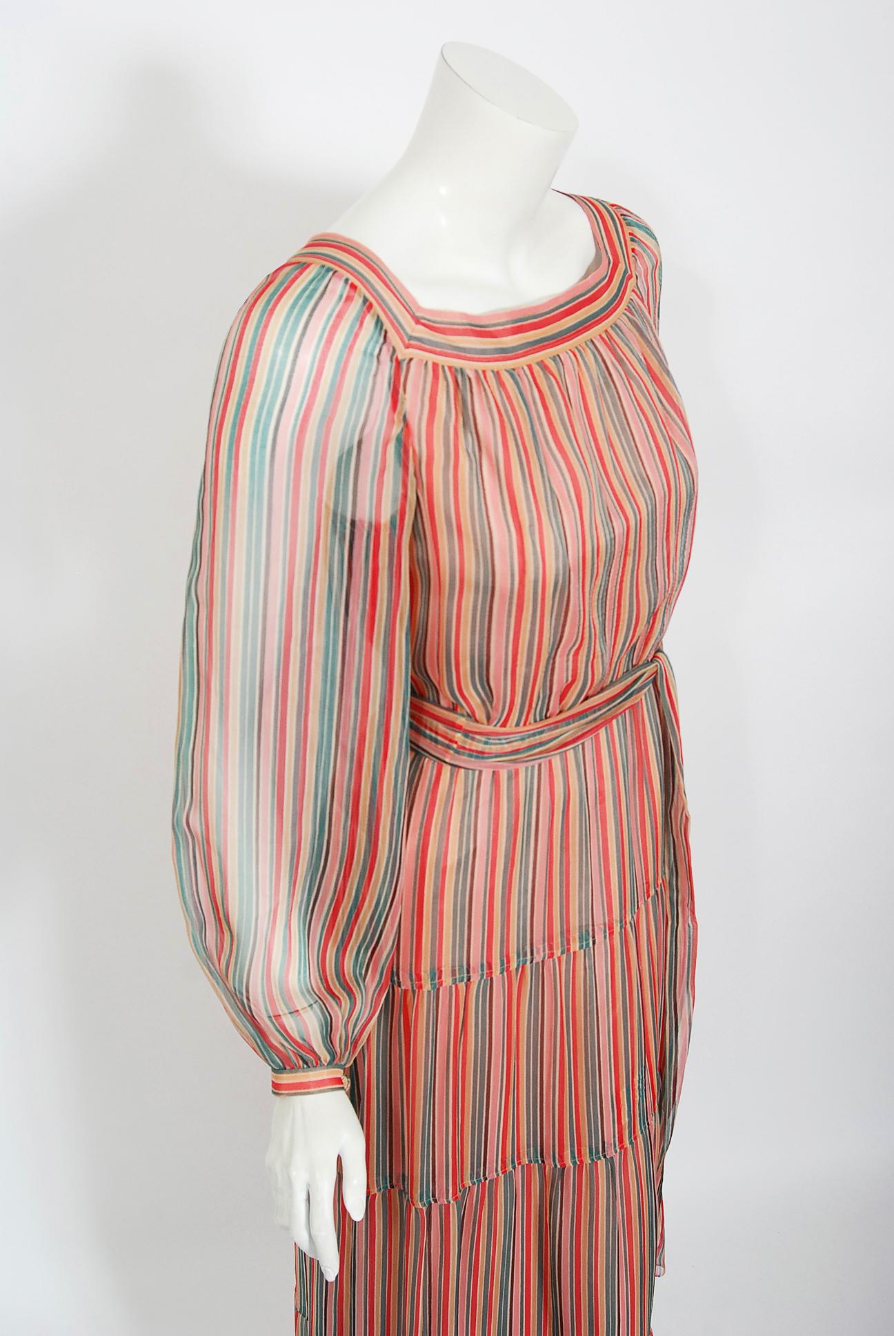 Brown Vintage 1970s Givenchy Colorful Stripe Silk-Chiffon Billow Sleeve Bohemian Dress For Sale