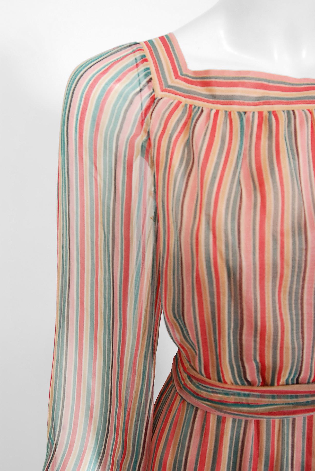 Women's Vintage 1970s Givenchy Colorful Stripe Silk-Chiffon Billow Sleeve Bohemian Dress For Sale